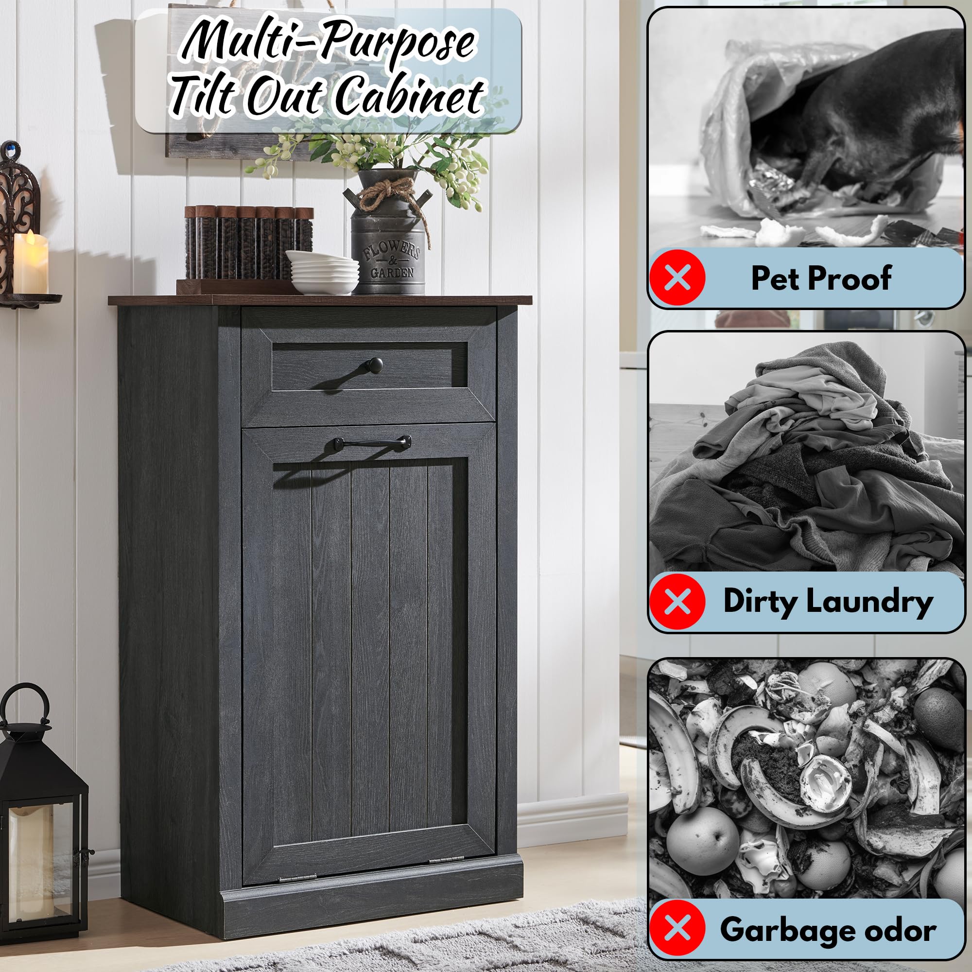 Ifbuy Tilt Out Laundry Hamper Cabinet, 10 Gallon Farmhouse Trash Can Cabinet With Drawer, Hidden Wood Garbage Can Bin Cabinet Wi