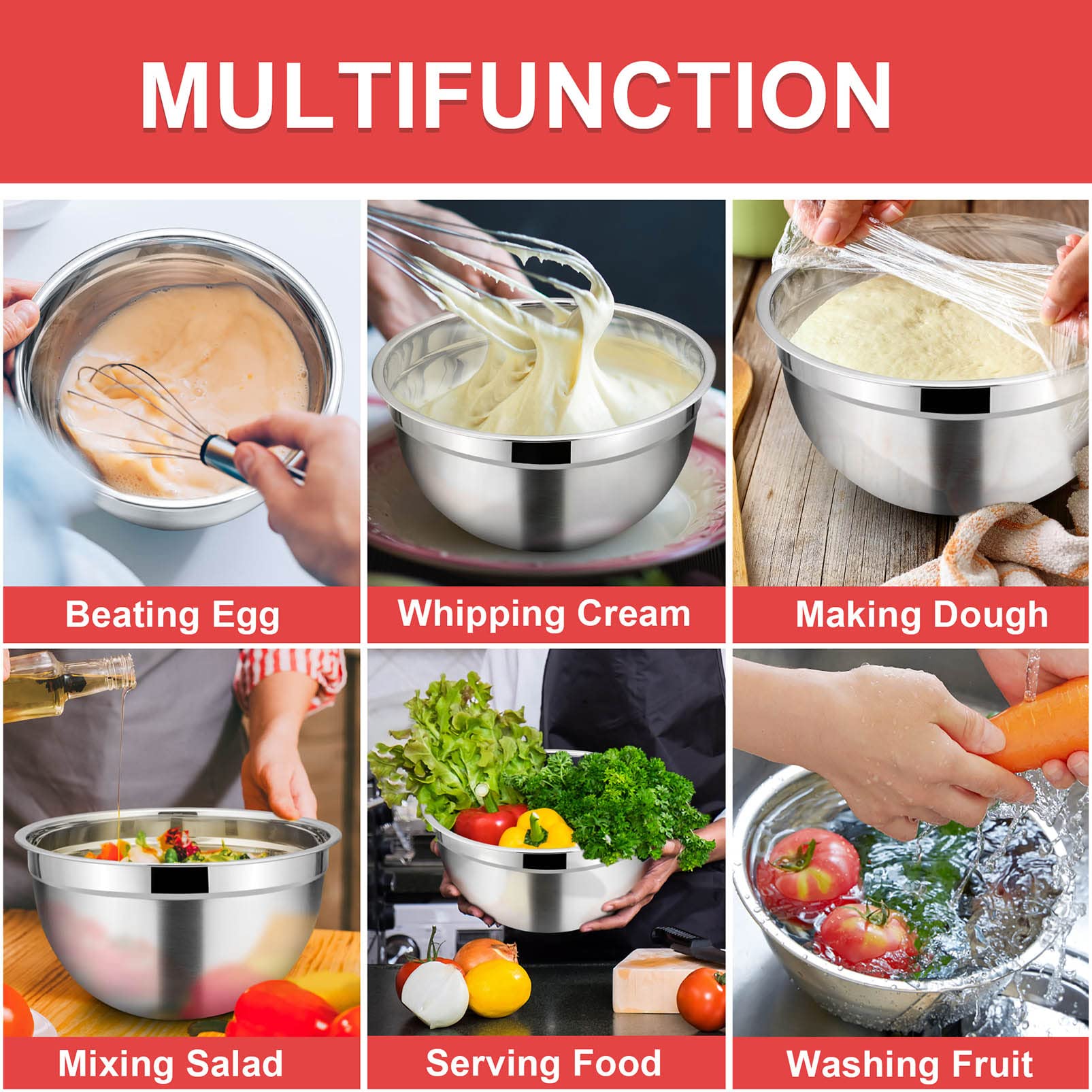 Teamfar Mixing Bowls, 4.5/3/1.5/1/0.7 Qt, Stainless Steel Metal Nesting Salad Bowl With Lid Set, Ideal For Mixing Serving, Non-T
