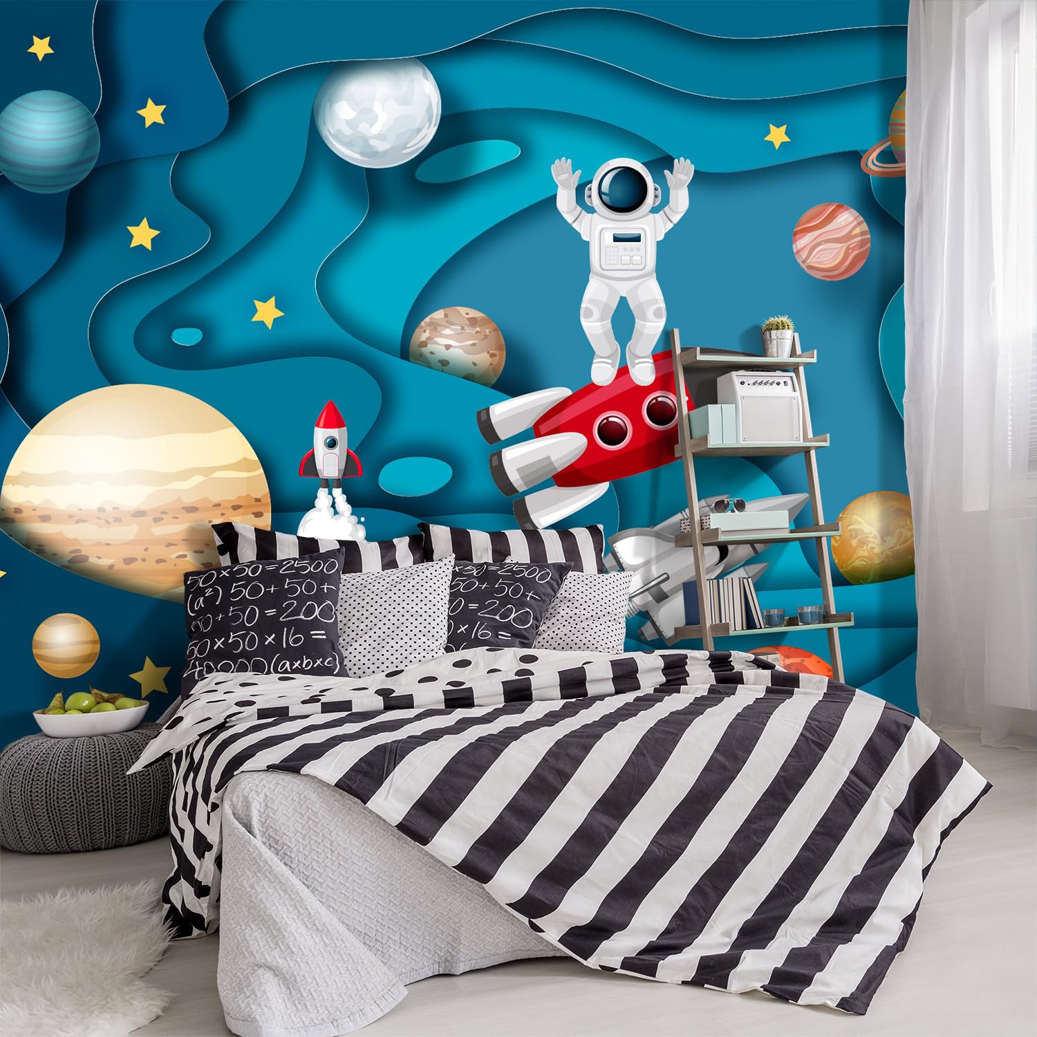 YIHWM -Kindergarten Children Galactic Planet Fabric Wallpaper Living Room Bedroom Boys Girls Children Cartoon Astronauts Large M