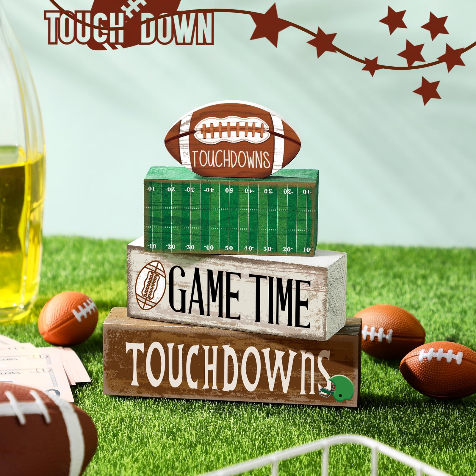 Yuntau 4 Pcs Football Table Decorations Fall Football Tiered Tray Decor Football Wooden Sign Football Centerpiece Decorative Fau
