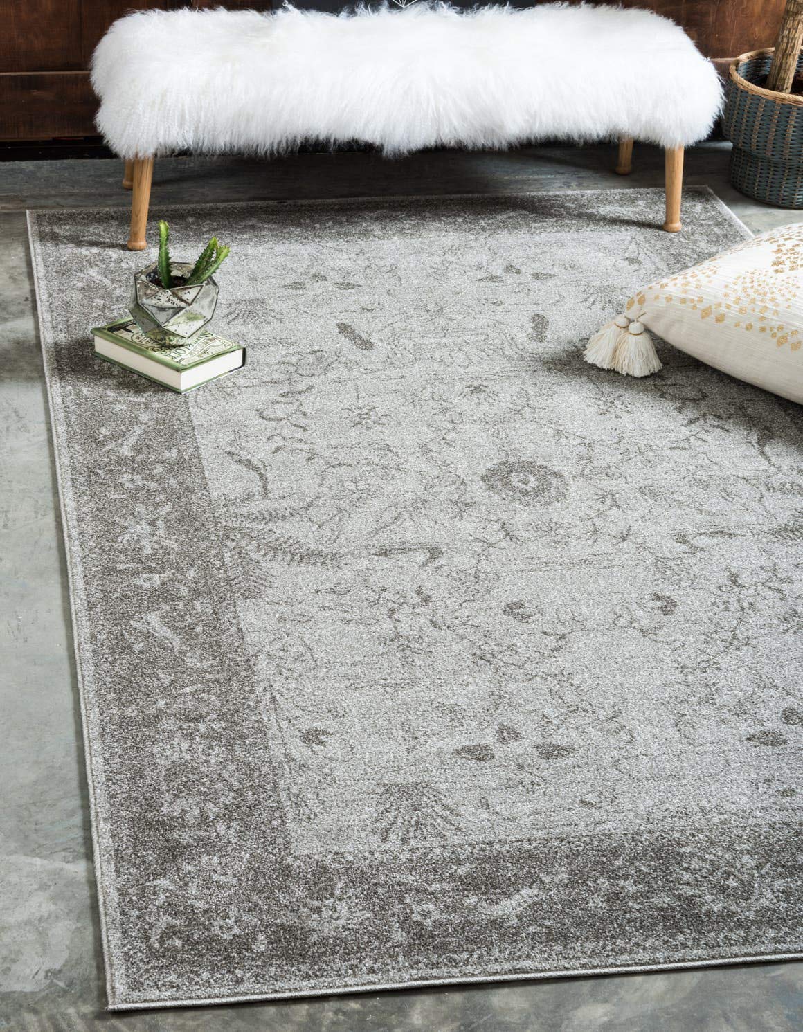 Unique Loom La Jolla Collection Farmhouse, Contemporary, Botanical, Traditional, Vintage Area Rug, 9 x 12 ft, Light Gray/Dark Gr