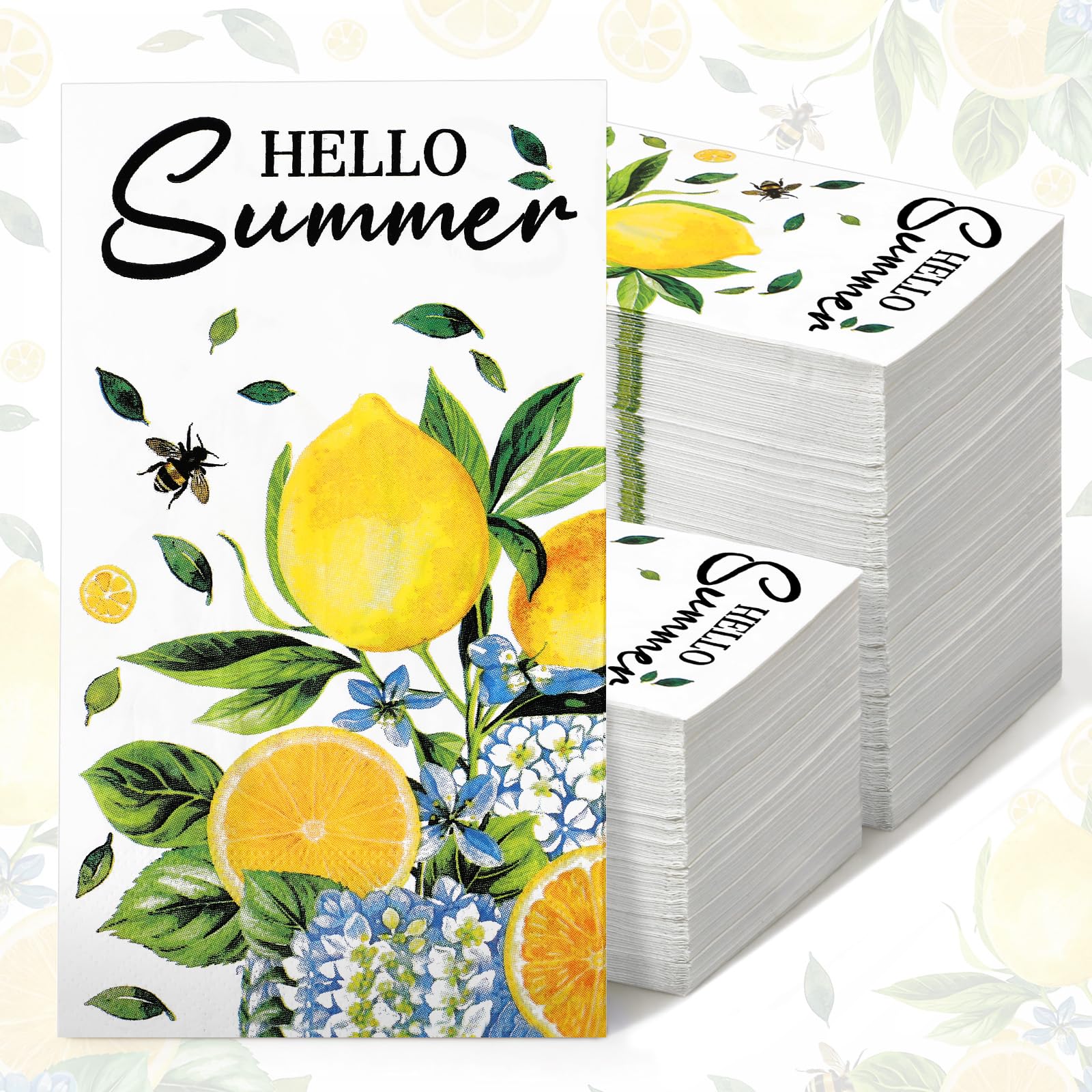 Epakh 100 Pcs Bulk Summer Lemon Napkins 2 Ply Hello Summer Disposable Paper Napkins Lemon Hydrangea Bee Dinner Guest Towels for 