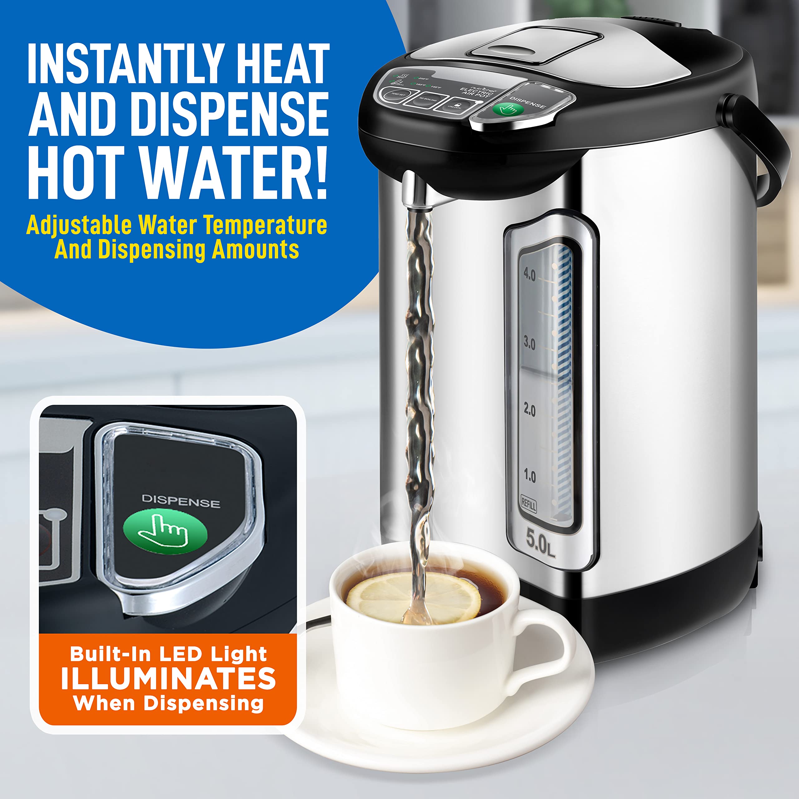 Nutrichef Electric Water Boiler And Warmer - 5L/5.28 Qt Stainless Steel Hot Water Dispenser W/Rotating Base, Keep Warm Temperatu