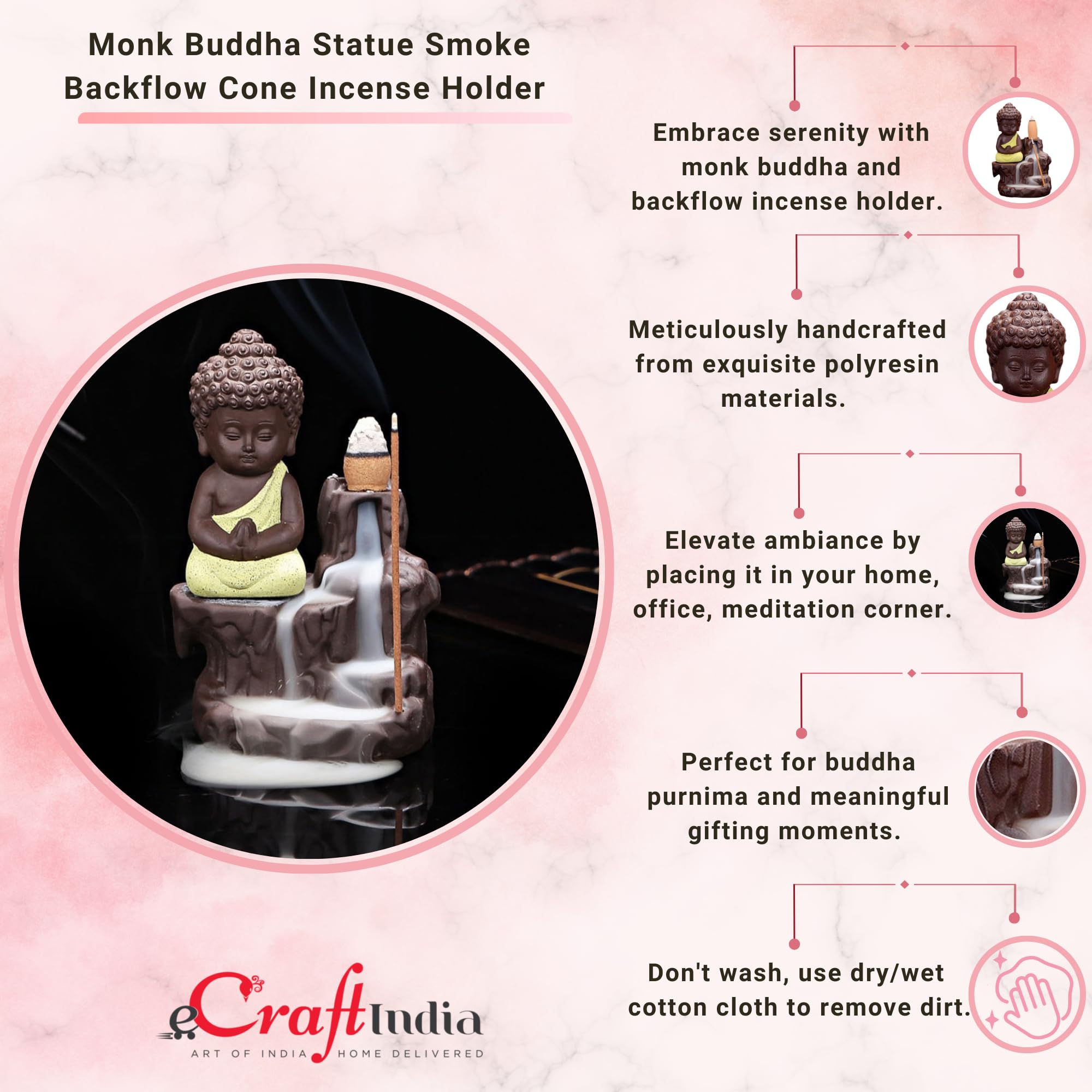 eCraftIndia Meditating Monk Buddha Smoke Backflow Cone Decorative Incense Holder (7 cm x 7 cm x 12, Yellow)