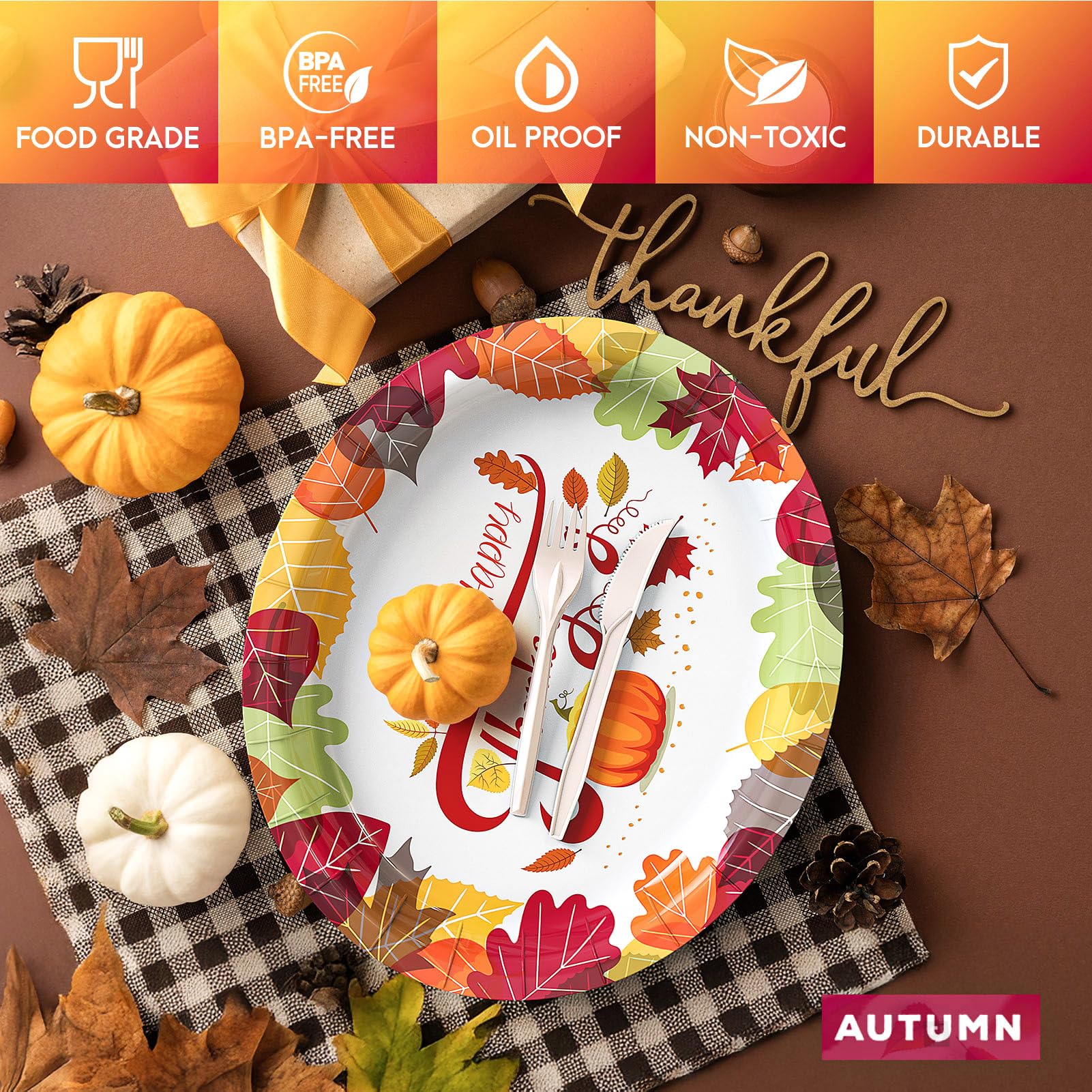 Gezond 50 Pcs Thanksgiving Paper Plates Oval, 10 x 12.5 Thanksgiving Plates Disposable with Pumpkin Maple Leaves Fall Plate for