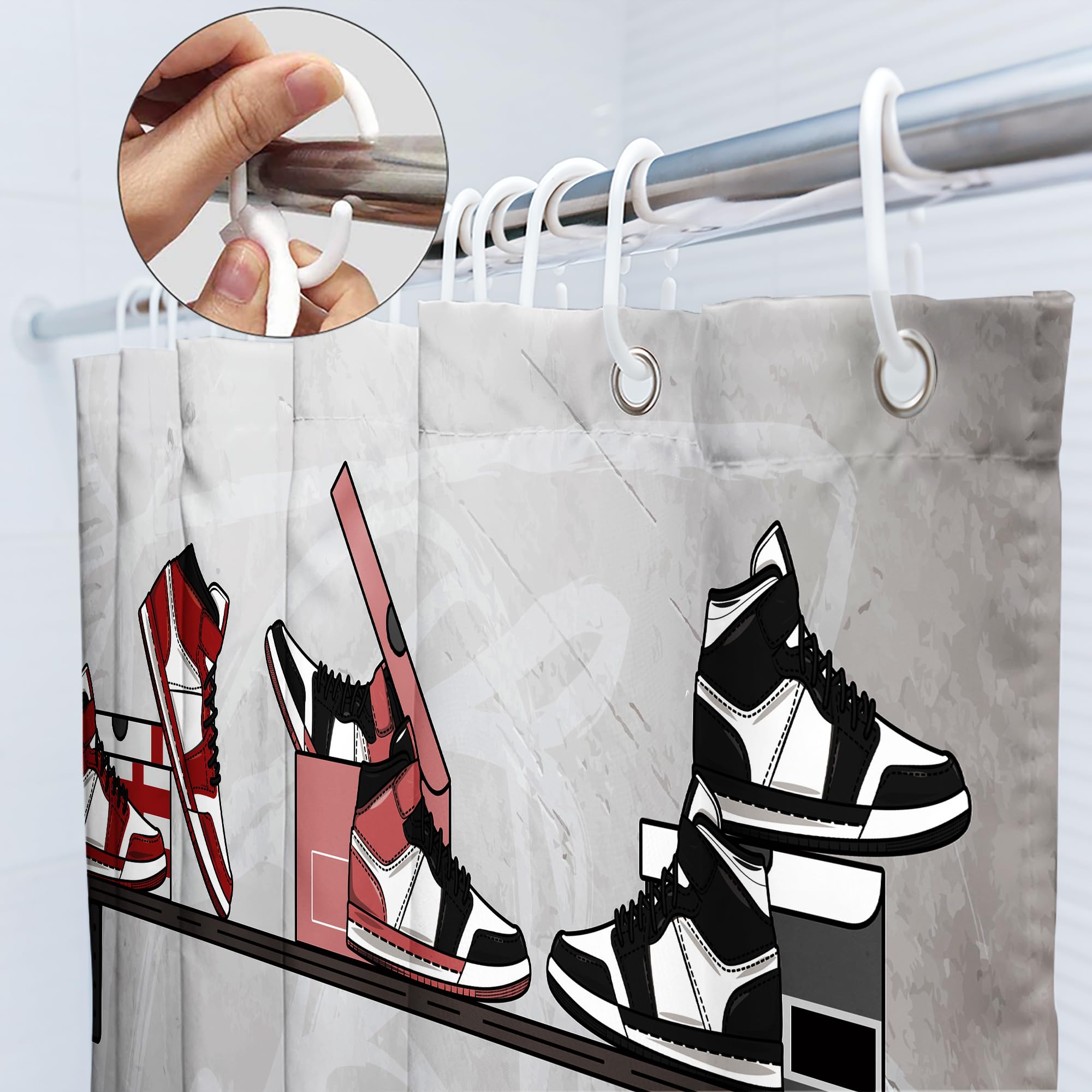 Svbright Retro Basketball Shoes Shower Curtain 60Wx72L Inch Sneaker Sports Footwear Theme Red Black For Boys Men Teens 12 Pack H