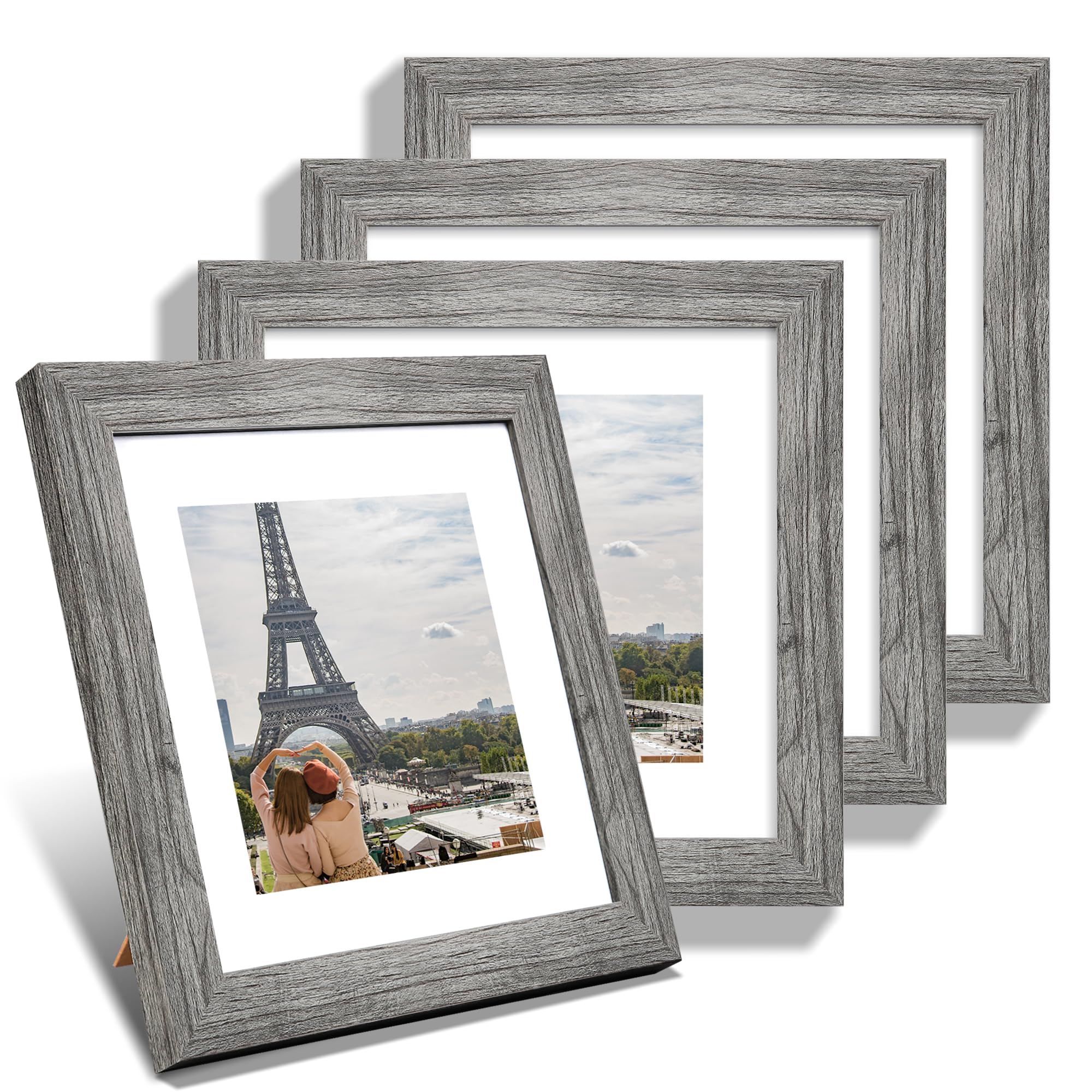 Hongkee 8x8 Picture Frames Set of 4, Made of Glass and Grey Wooden Frame - Display Picture 6x6 with Mat or 8 x 8 Without Mat, 8 
