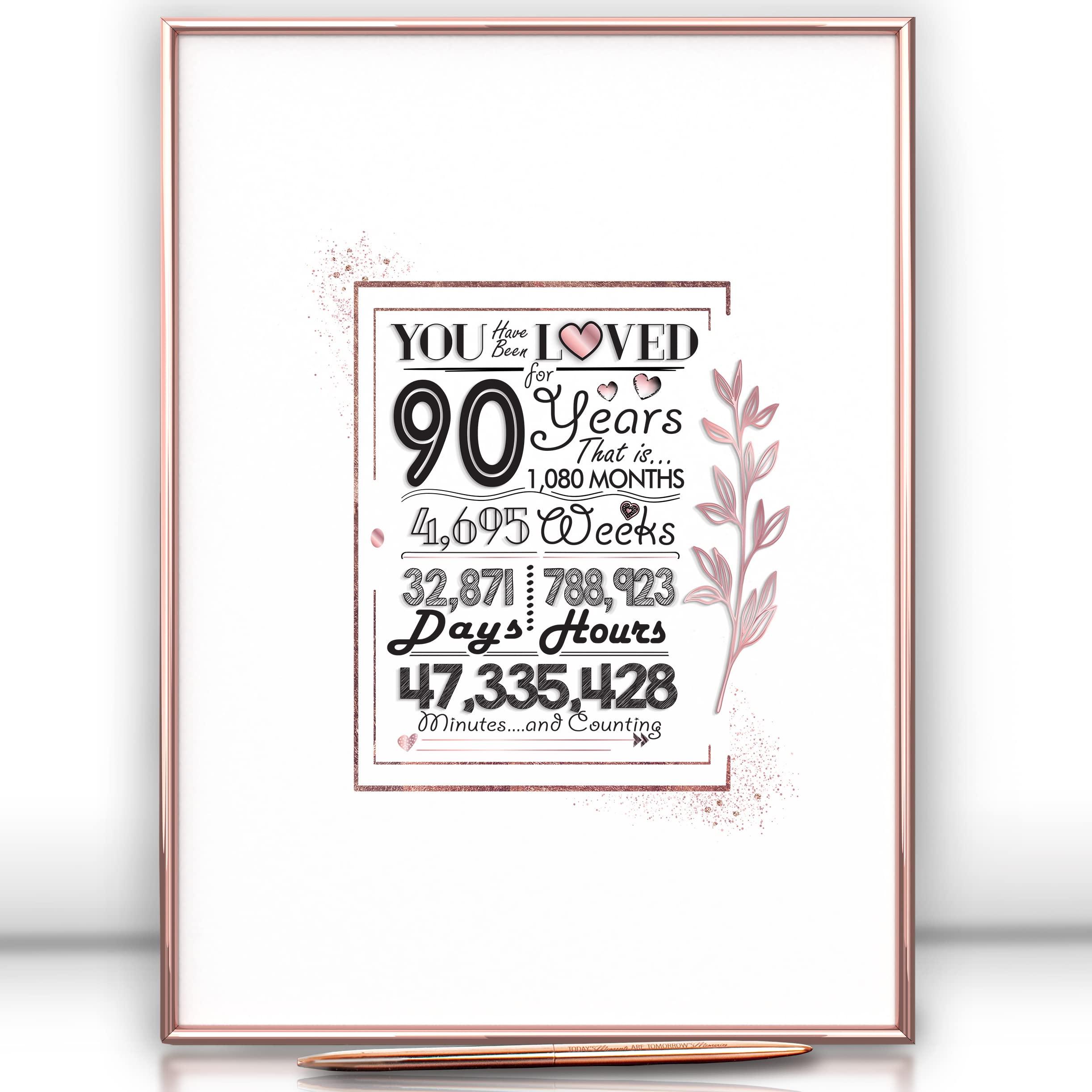 Framed Rose Gold 90Th Birthday Decorations Sign Poster For Girl - 90 Birthday Gift 12 ''X16 '' Guest Party Favors Book Alternati