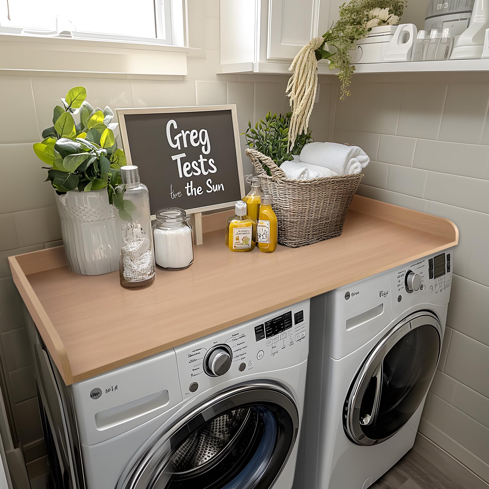 Kaboon Washer Dryer Countertop 58'' X 28'' Extra Large Version, Melamine Countertop With 3.5'' Edge Rails, Laundry Room Organiza