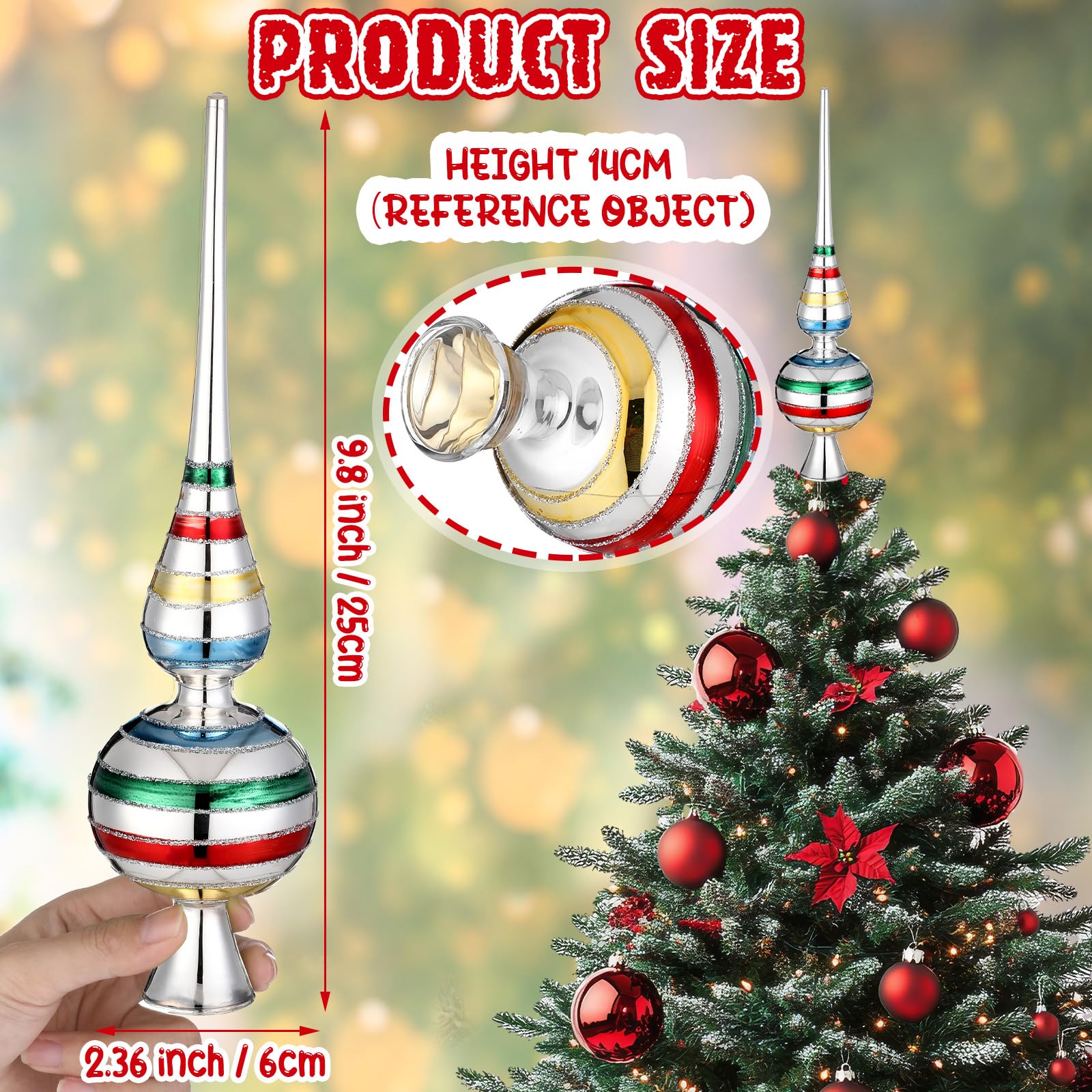 Gejoy Mercury Glass Christmas Finials Tree Topper Vintage Mid Century Colorful Ornaments Retro Spherical Blown Glass Xmas Tree T