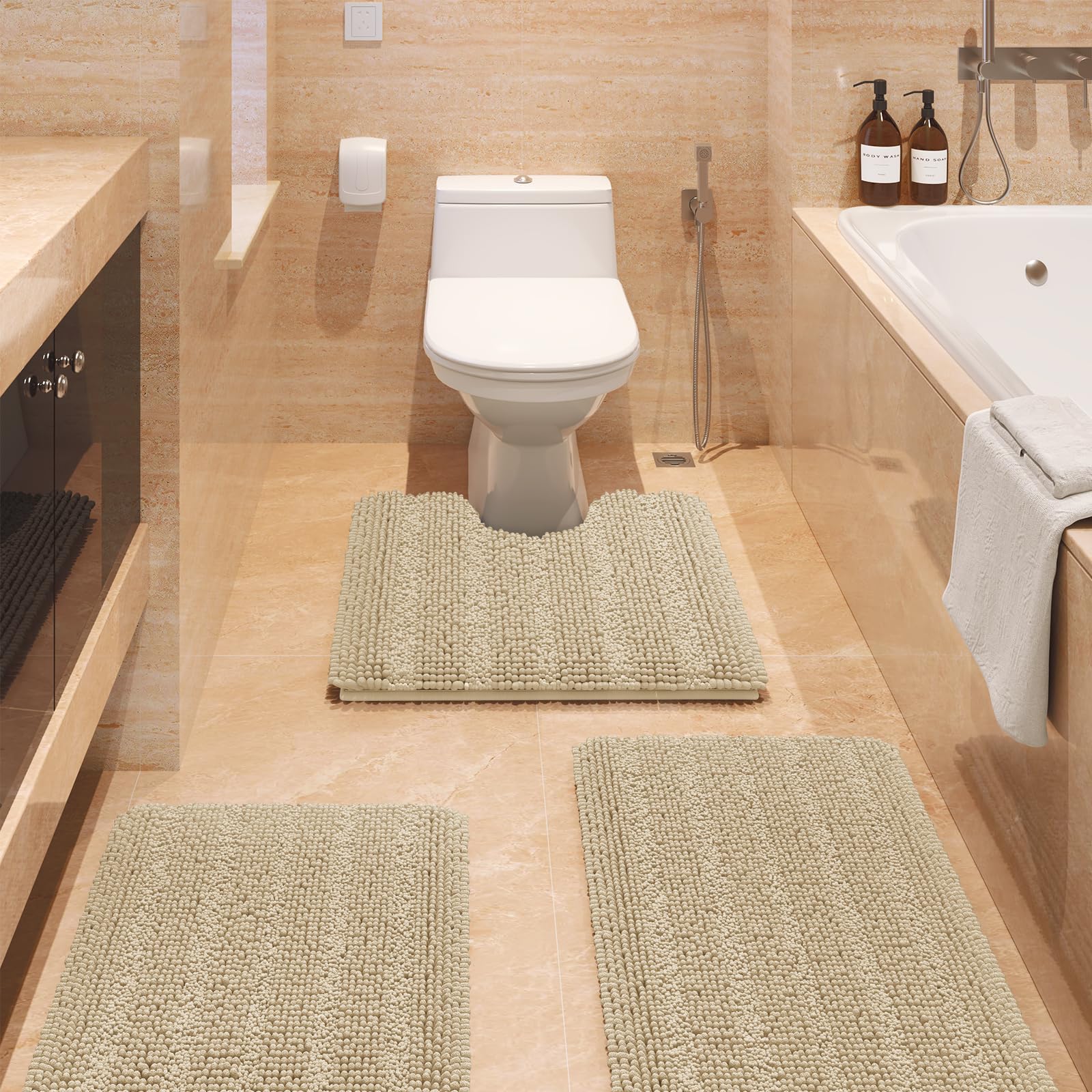 Accumtek Striped Beige Bathroom Rug Set 3 Pieces Ultra Soft, Non Slip Chenille Toilet Mat, Absorbent Plush Shaggy Bath Mats For