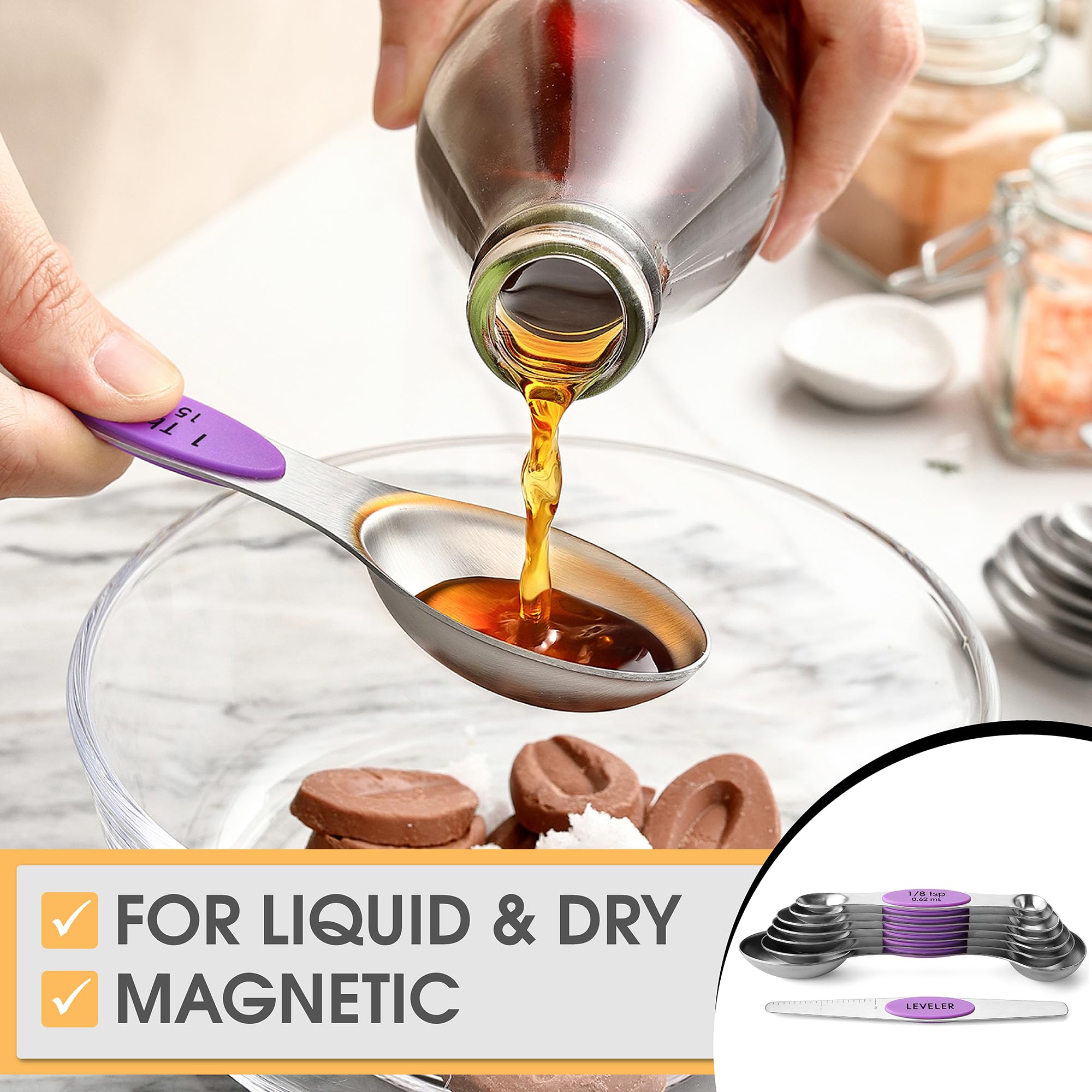 Spring Chef Magnetic Measuring Spoons Set, Dual Sided, Stainless Steel, Fits In Spice Jars, Orchid, Set Of 8, 2 Pack