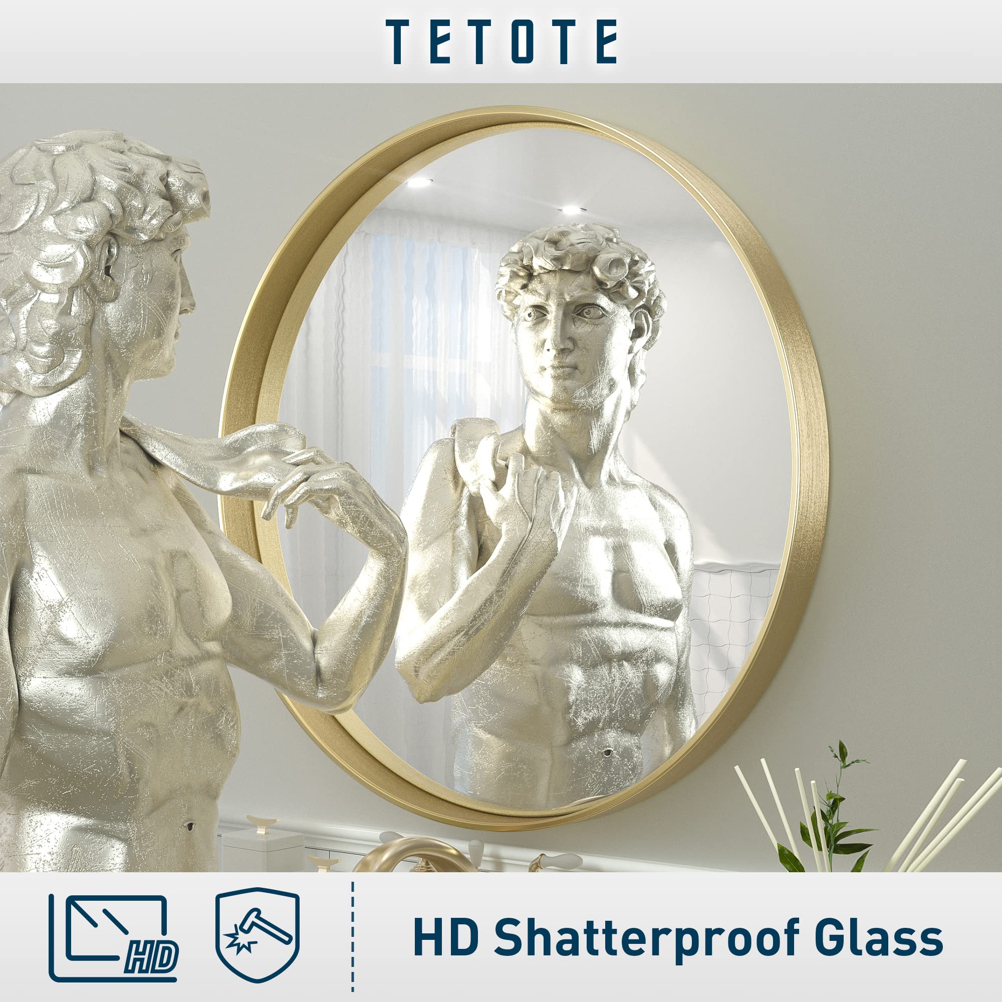 Tetote Gold Round Mirror For Bathroom, 36 Inch Wall Mounted Circle Vanity Mirrors, Brushed Brass Gold Metal Frame Modern Decorat