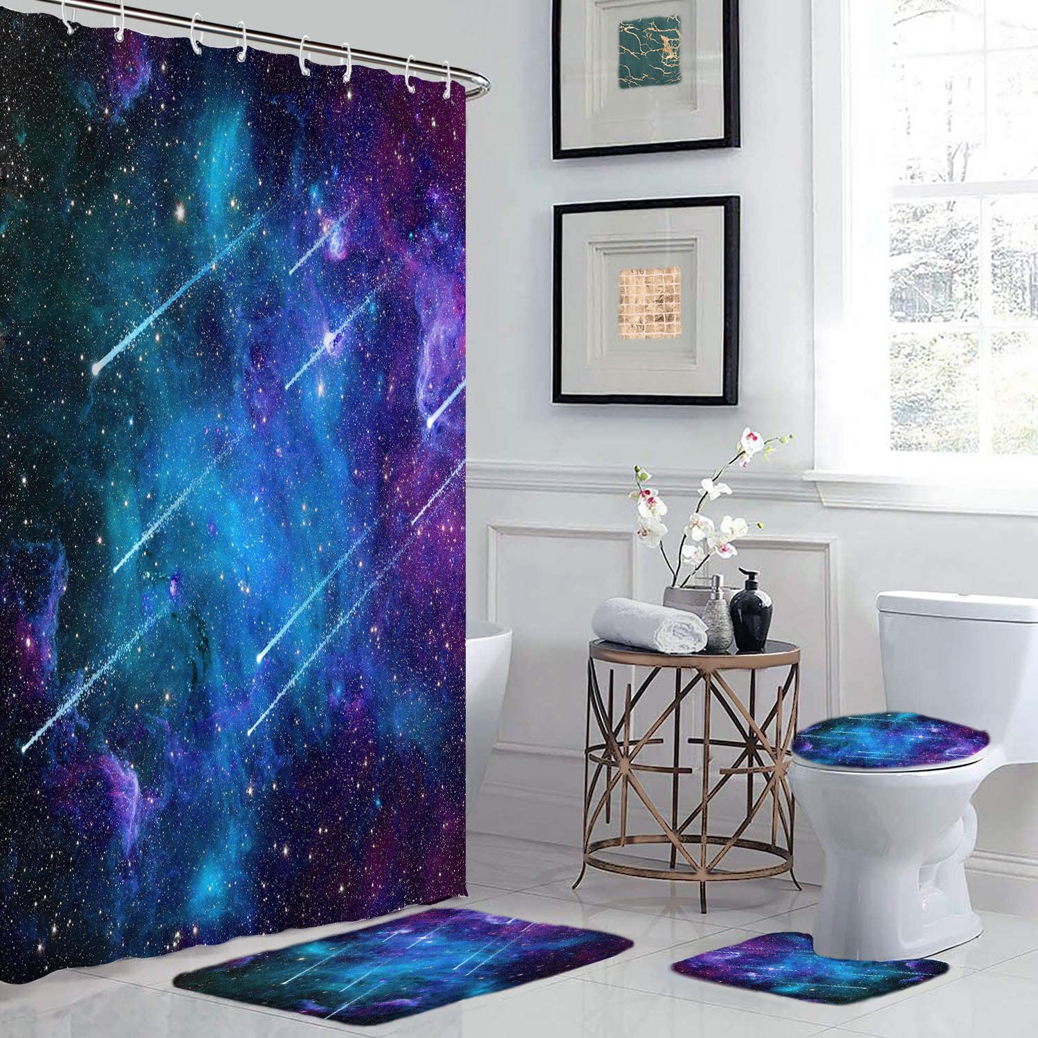 Griekowe 4 Pcs Universe Outer Space Meteor Theme Shower Curtain Sets, Starry Galaxy With Non-Slip Rugs Toilet Lid Cover Bath Mat