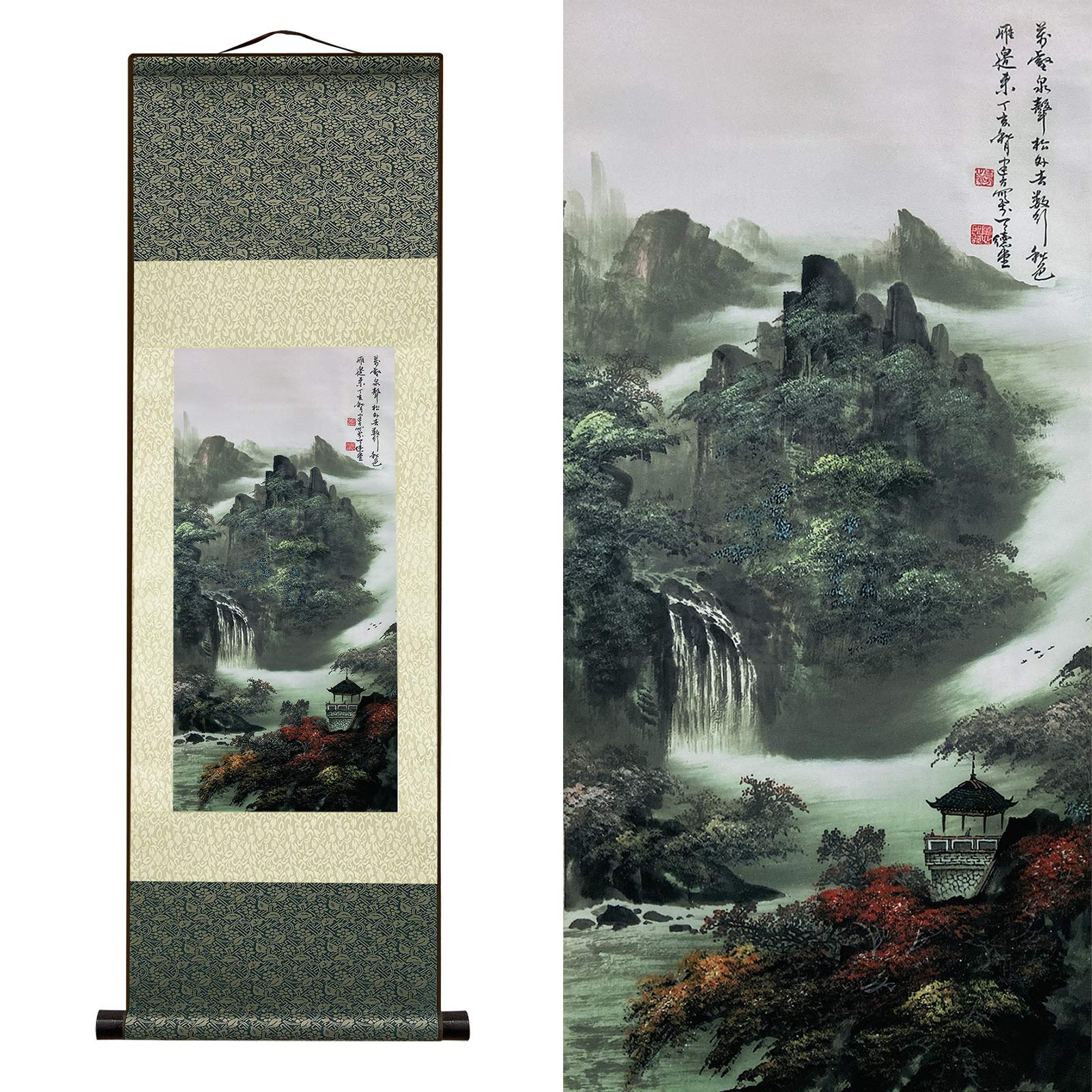 Atfart Asian Wall Decor Beautiful Silk Scroll Painting Waterfall River Landscape Painting - Mountain Spring Autumn Color Orienta