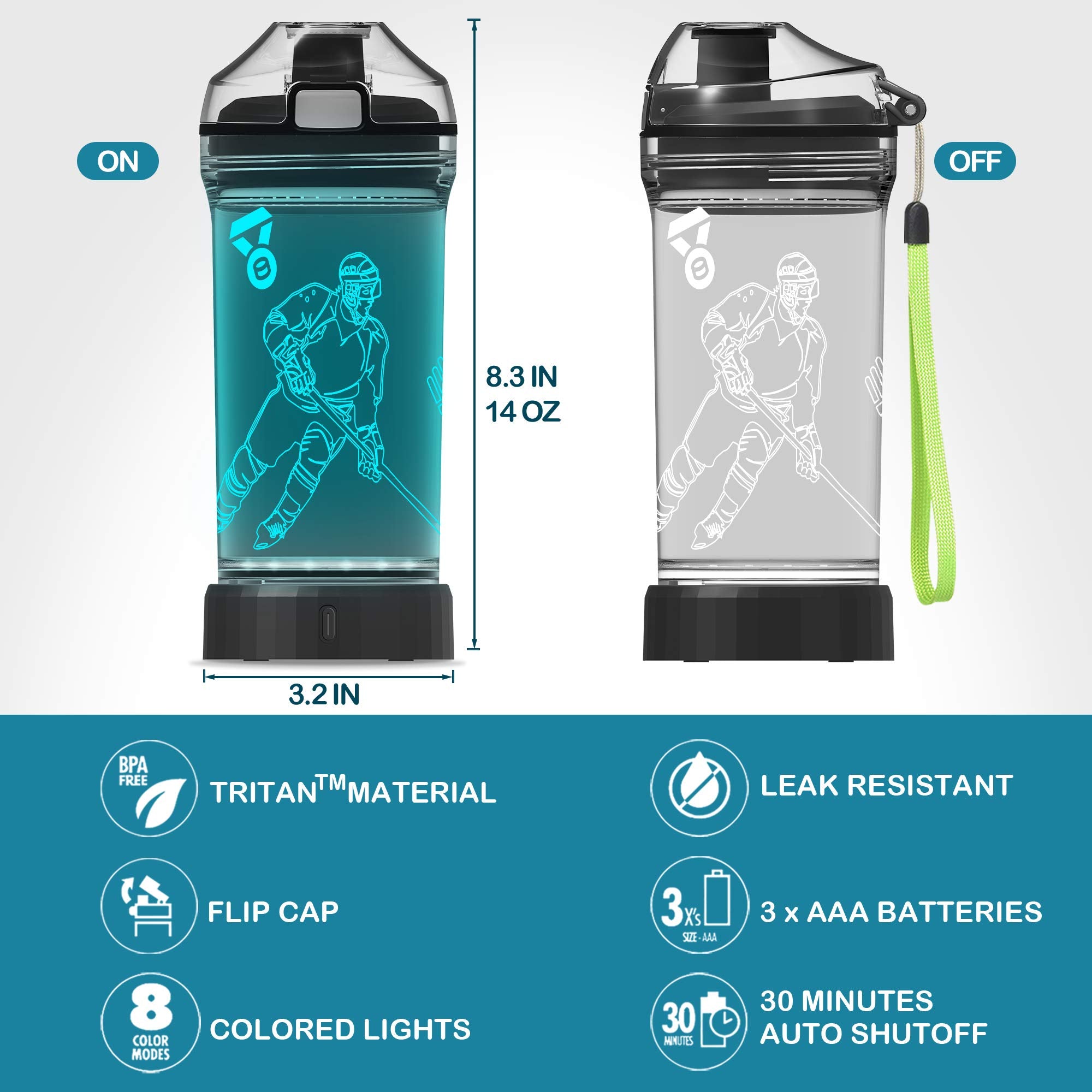 Yuandian Hockey Gifts For Boys, Light Up Water Bottle - 14 Oz Tritan Bpa Free Eco-Friendly - Cool Led Sport Cups Gift For Hockey