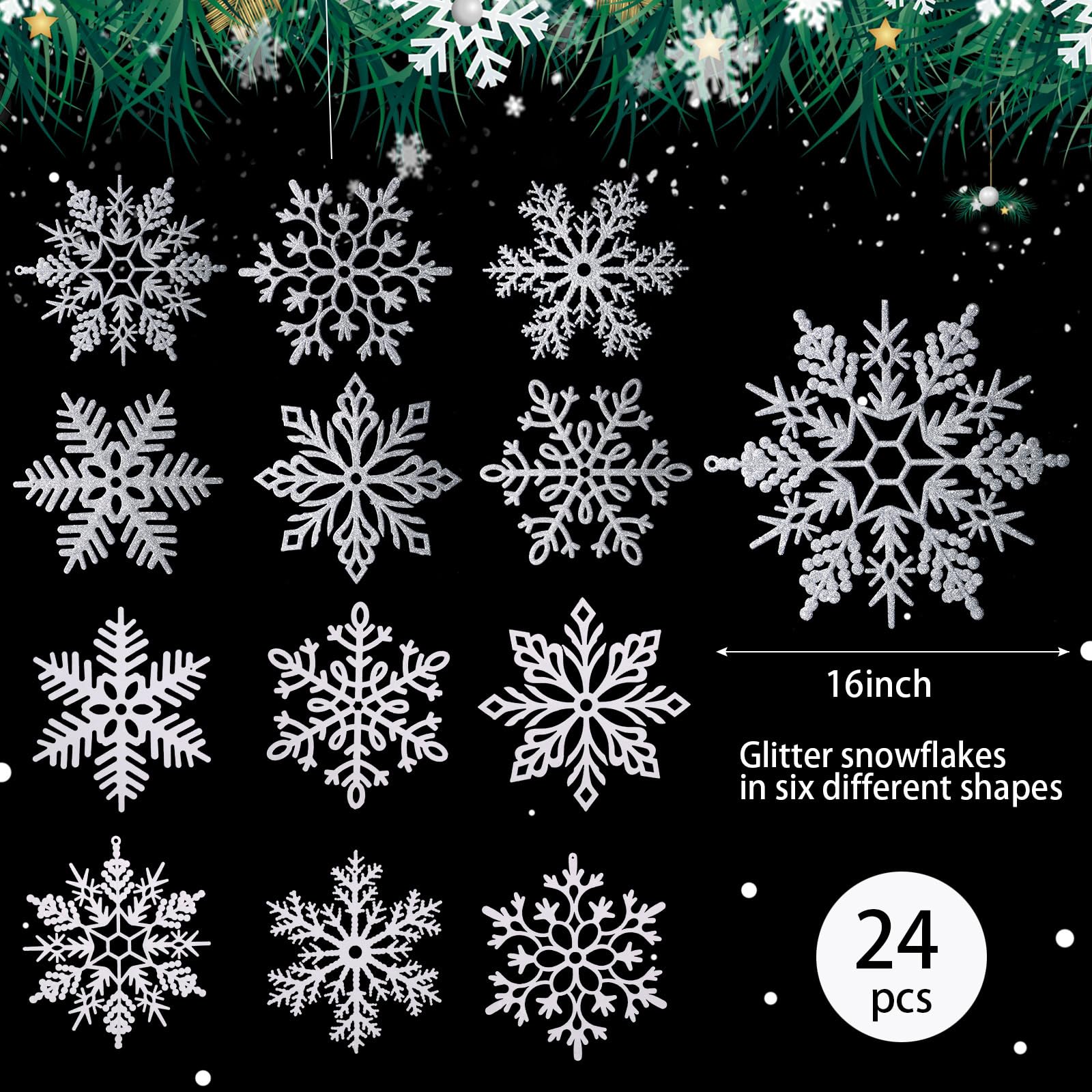Sratte 24 Pcs 16 Inch Large Snowflake Ornaments,Giant Glitter Decorative Hanging Snowflakes,6 Designs Christmas Decorative Hangi