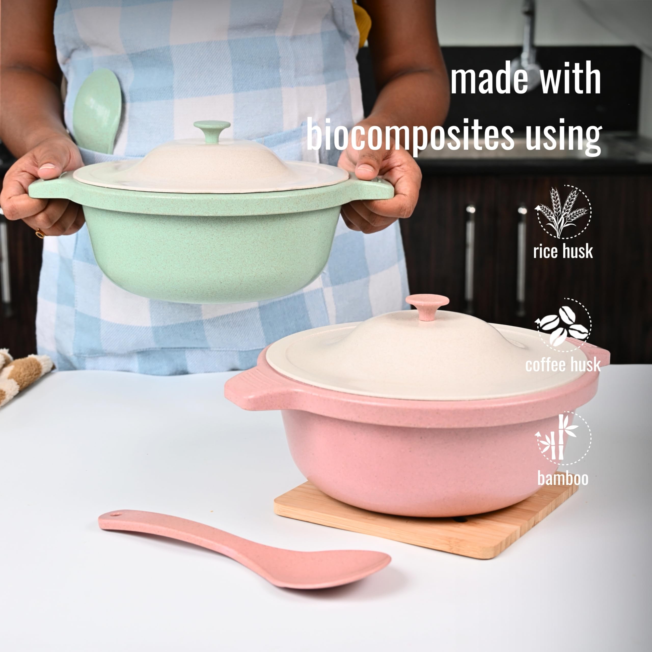 Eha Earth Friendly Mixing Bowls With Lids Set Of 2 | Microwave Safe Serving Bowls | Made With Rice Husk And Bamboo Fibers | 42 O