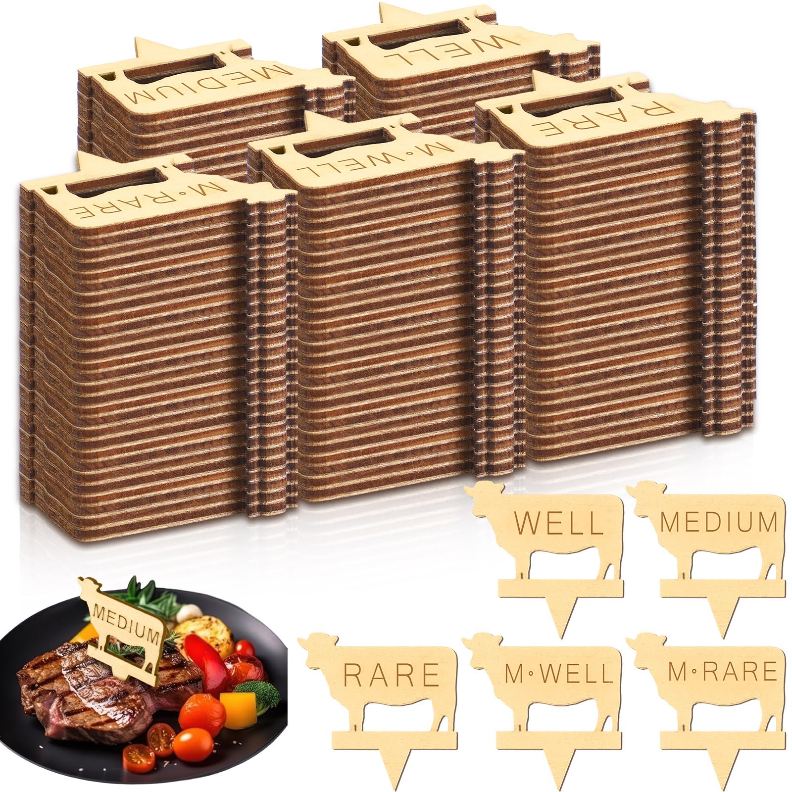 Cinnvoice 300 Pcs Rare Steak Markers 1.97 Inch Meat Marker Sticks Steak Temperature Stick Meat Doneness Picks Paddle Skewers Sti