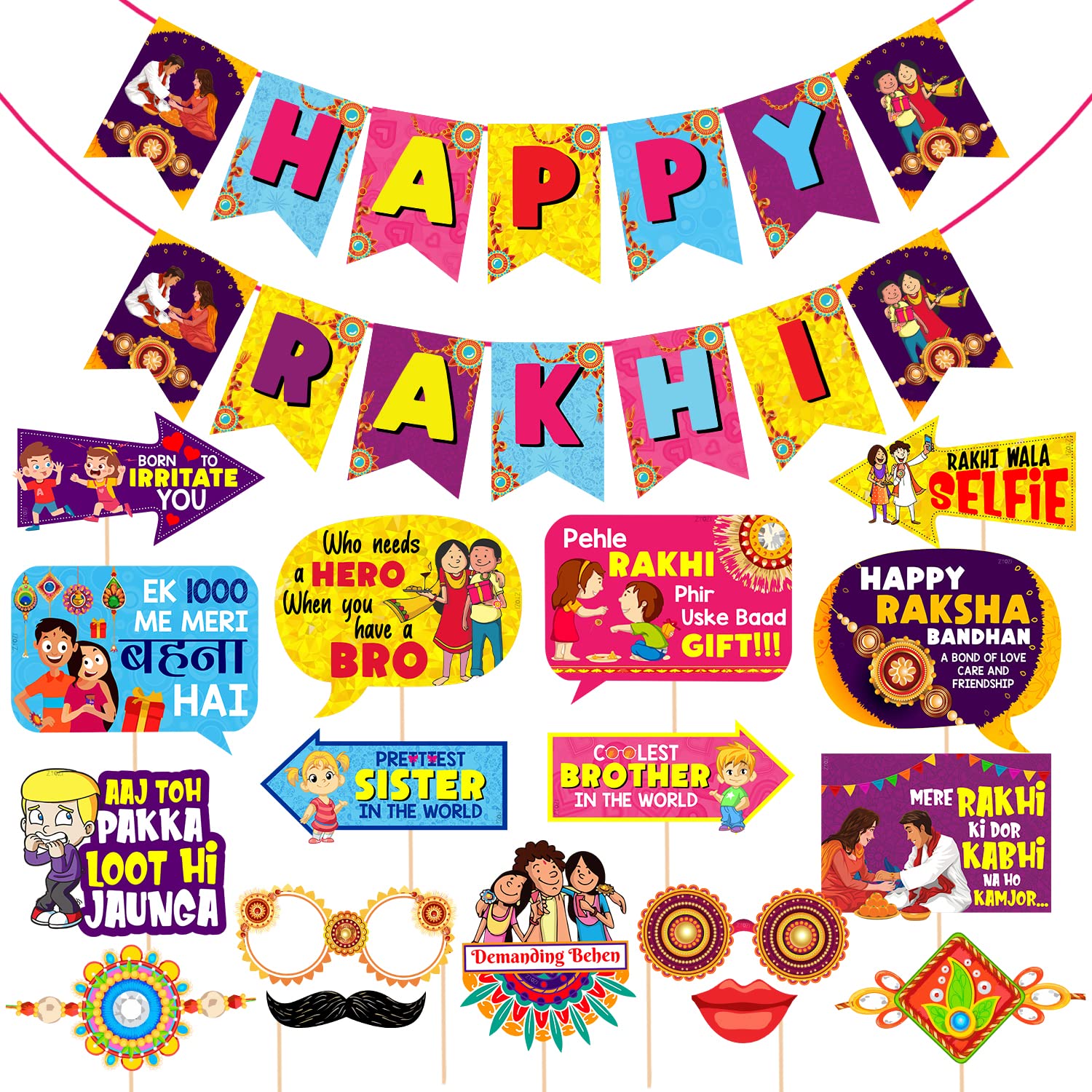 Zyozique Happy Rakhi Decoration Photo Booth Props + 1 Set Happy Rakhi Paper Banner, Raksha Bandhan Decoration Items (Pack of 18)