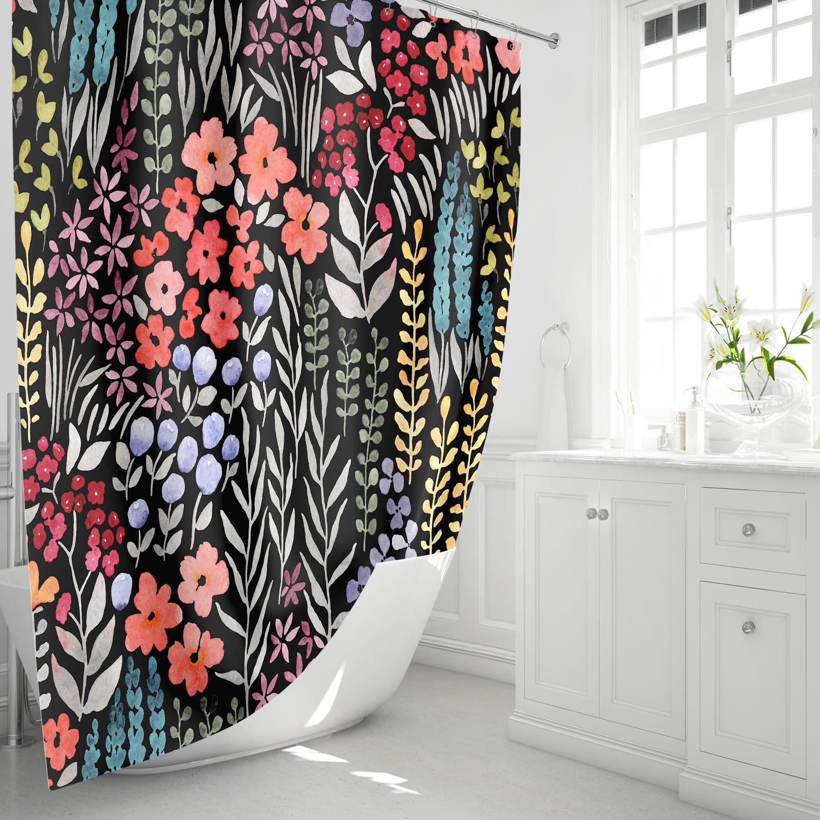 Mayzus Small Stall Shower Curtain 36 X 72 Inch, Half Narrow Cute Floral Shower Curtain For Bathroom, Colorful Wildflower Boho Co