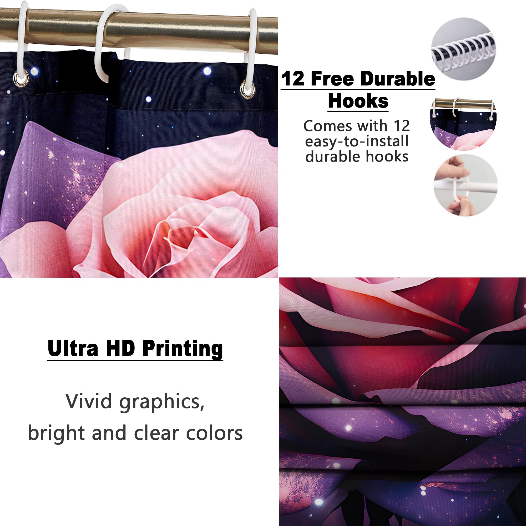 Poedist 4 Pcs Shower Curtain Set, Red Rose Bathroom Set,Romantic Shower Curtain Sets With Rugs(Bath Mat,U Shape And Toilet Lid C