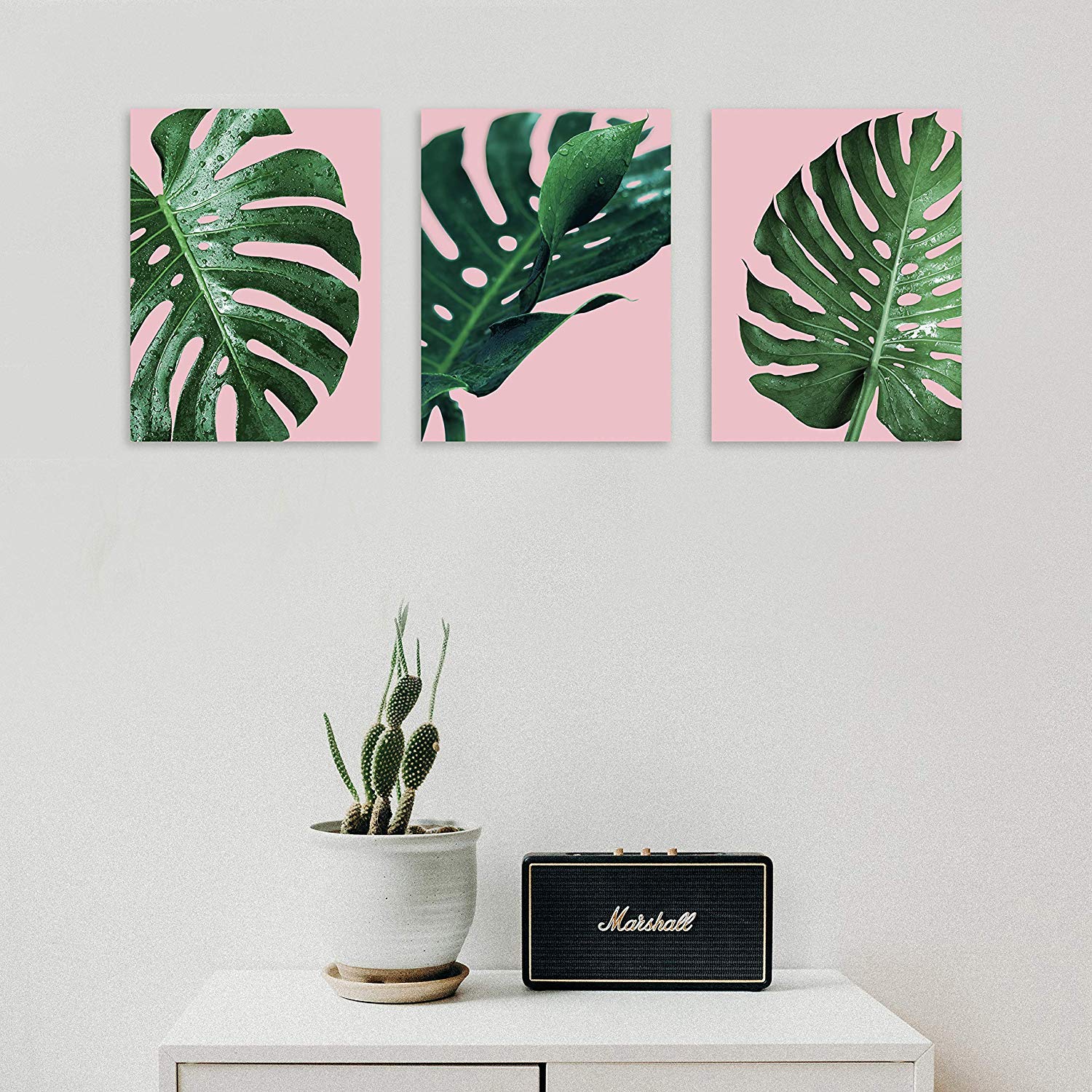 Tutubeer Plant Wall Art Plant Tropical Leaves And Water At Pink Background Tropical Wall Decor Green Plant Art 12'' X 16'' X 3 P
