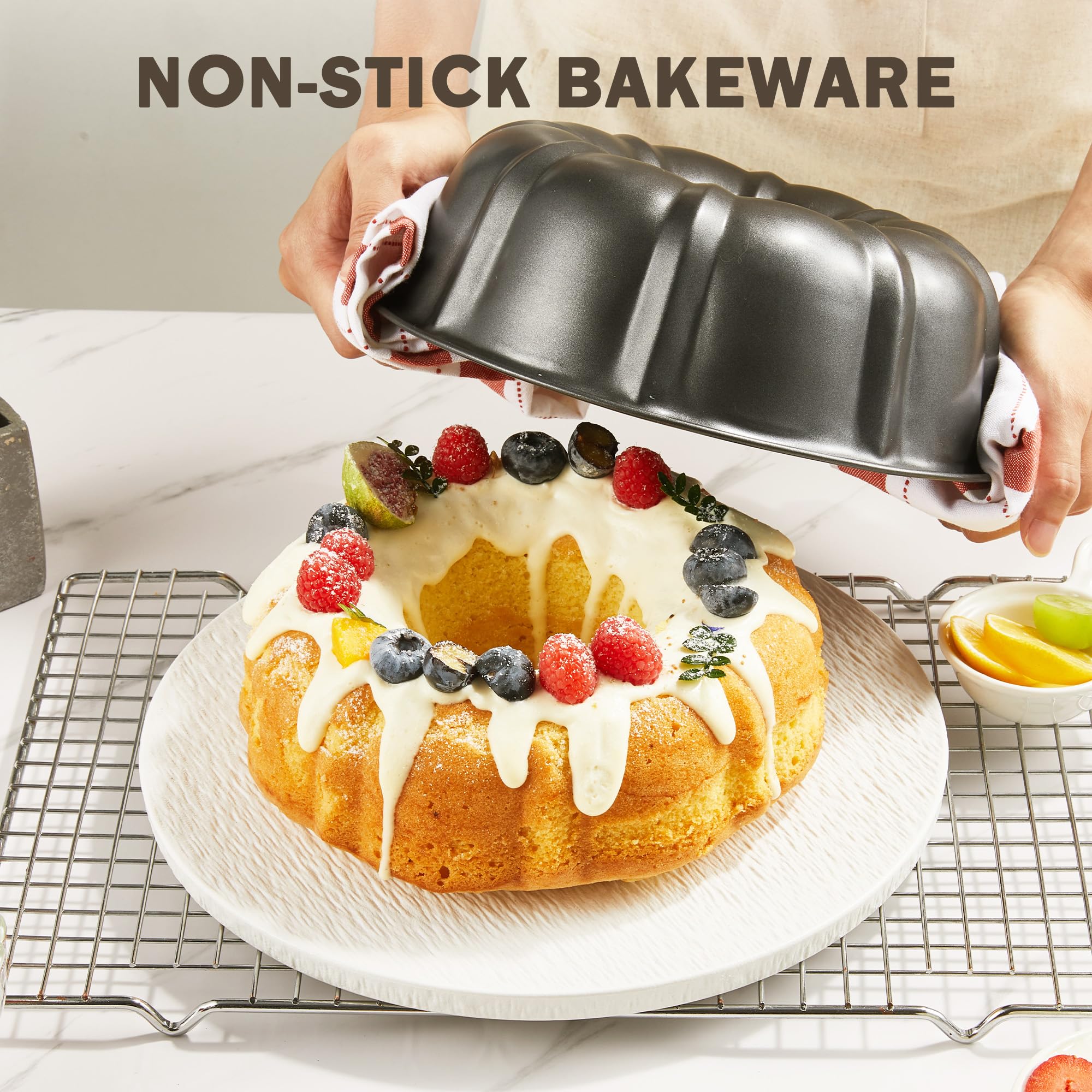 Kitessensu 9 Inch Non-Stick Cake Pans Set Of 2, 12 Cups Premium Fluted Cake Pans For Baking, Heavy Duty Carbon Steel Tube Pan Ba