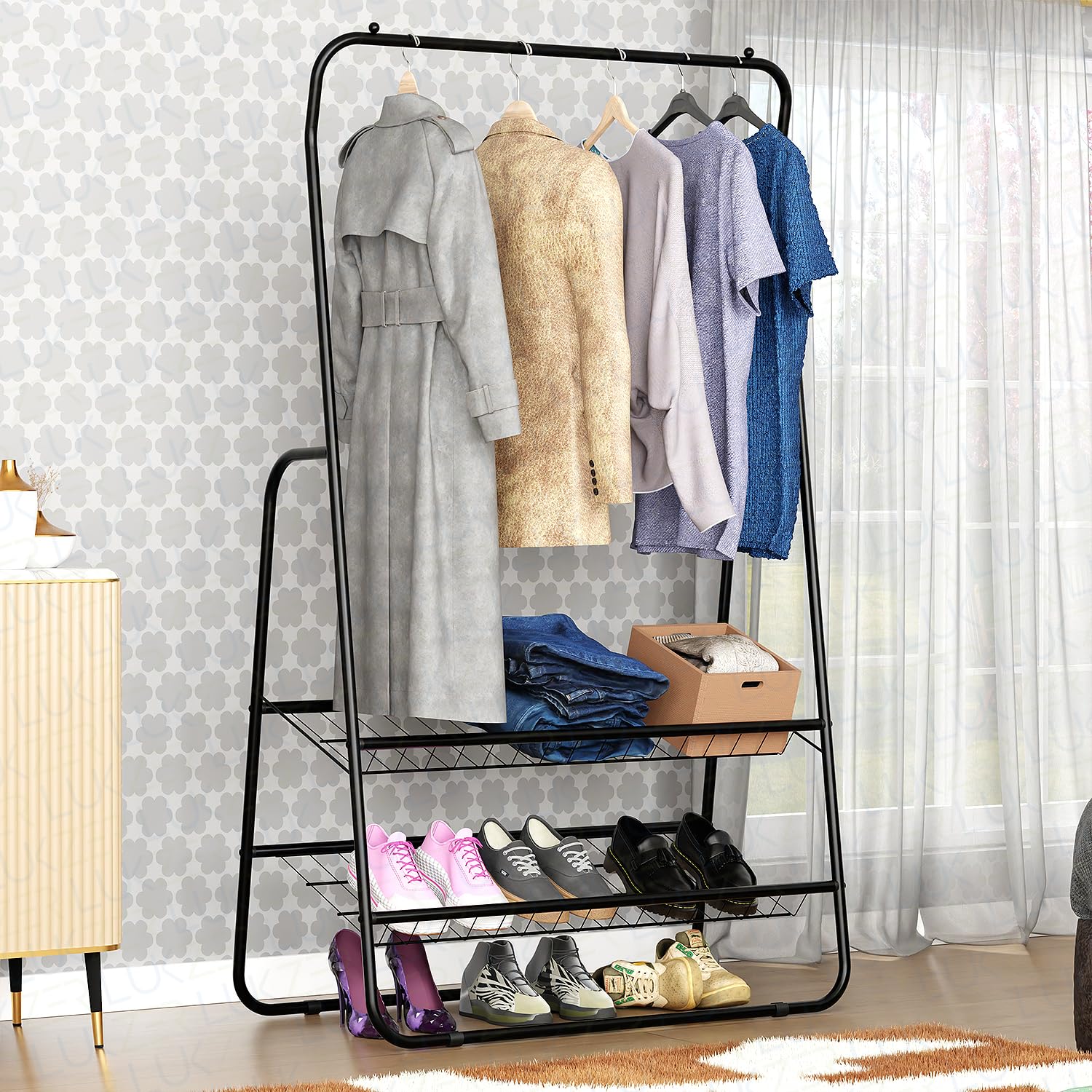 Lukzer Modern Metal Clothes Rack  Multipurpose Garment Organizer Stand With 2Tier Storage & Angled Shelf  160X93X47 Cm  Port