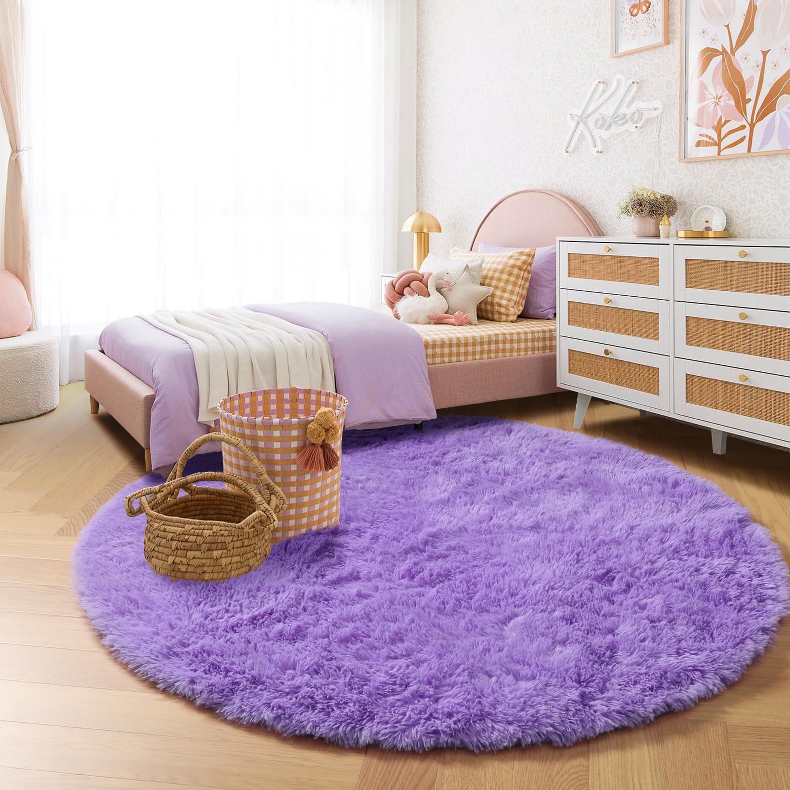 Amdrebio Purple Round Circle Rugs 6Ft for Girls Bedroom Decor Aesthetic, Large Fluffy Fuzzy Area Rugs for Kids Room, Soft Cute F