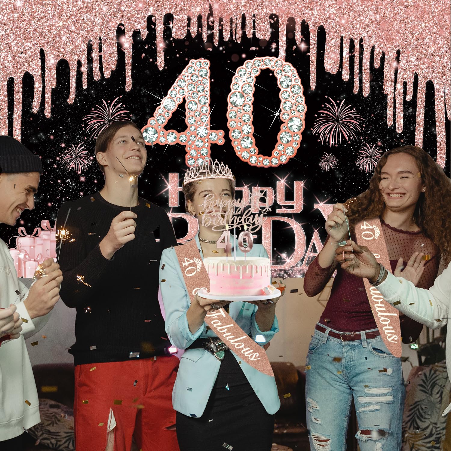 40Th Birthday Decorations For Women With Banner, Rose Gold Tablecloth, Number Balloons, 40Th Birthday Sash And Tiara, Cake Toppe