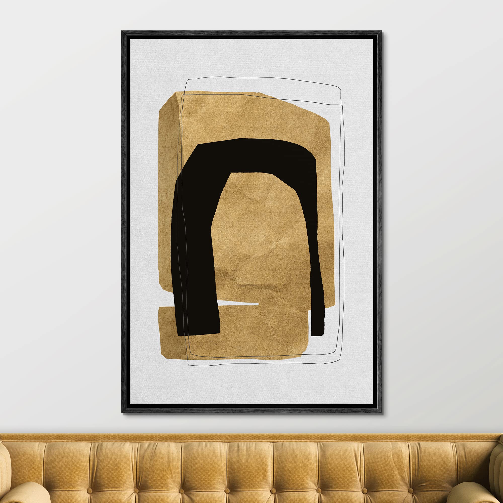 Signford Framed Canvas Print Wall Art Mid-Century Gold Geometric Polygons Abstract Shapes Illustrations Modern Art Decorative Bo