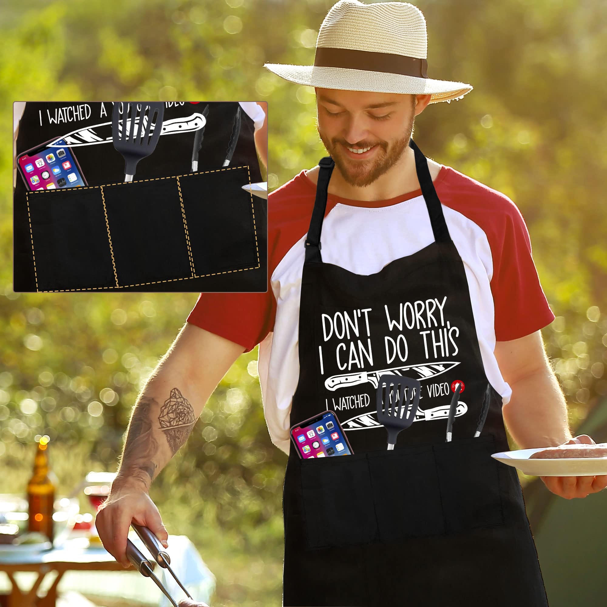 Cusugbaso Funny Aprons For Men, Chef Cooking Aprons One Size With Three Pockets Funny Grill Gifts For Men, Dad, Husband - Cookin