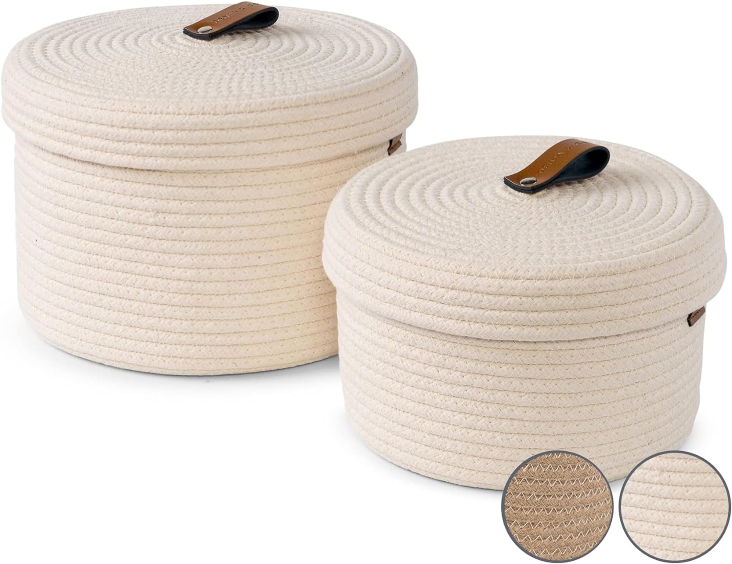 Denja & Co Set Of 2 Decorative Storage Baskets With Lids - Round Woven Baskets For Home Decor And Organizing - Small Shelf Baske