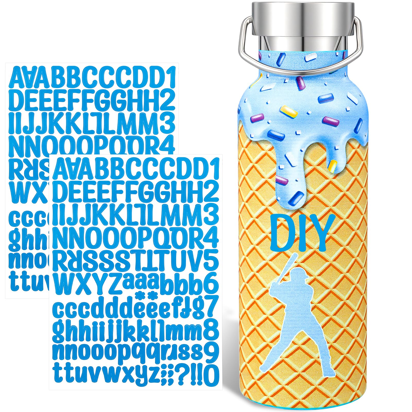 Acellegic 1 Set 17 oz Ice Cream Drip Baseball Water Bottle with Blue Letter Number Sticker, Christmas Stainless Steel Water Cup 