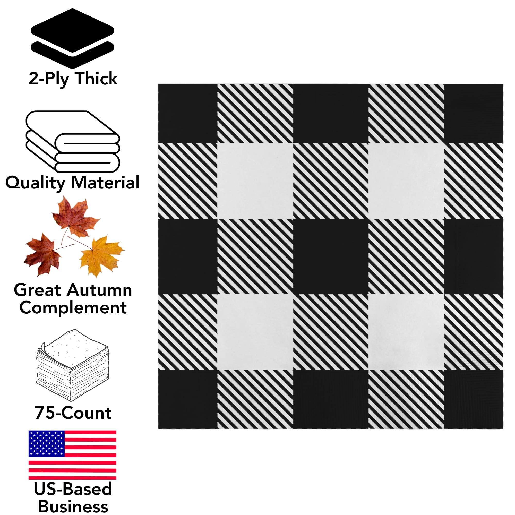 Iconikal Disposable Paper Party Napkins  White Buffalo Plaid  Dinner Size  75-Count