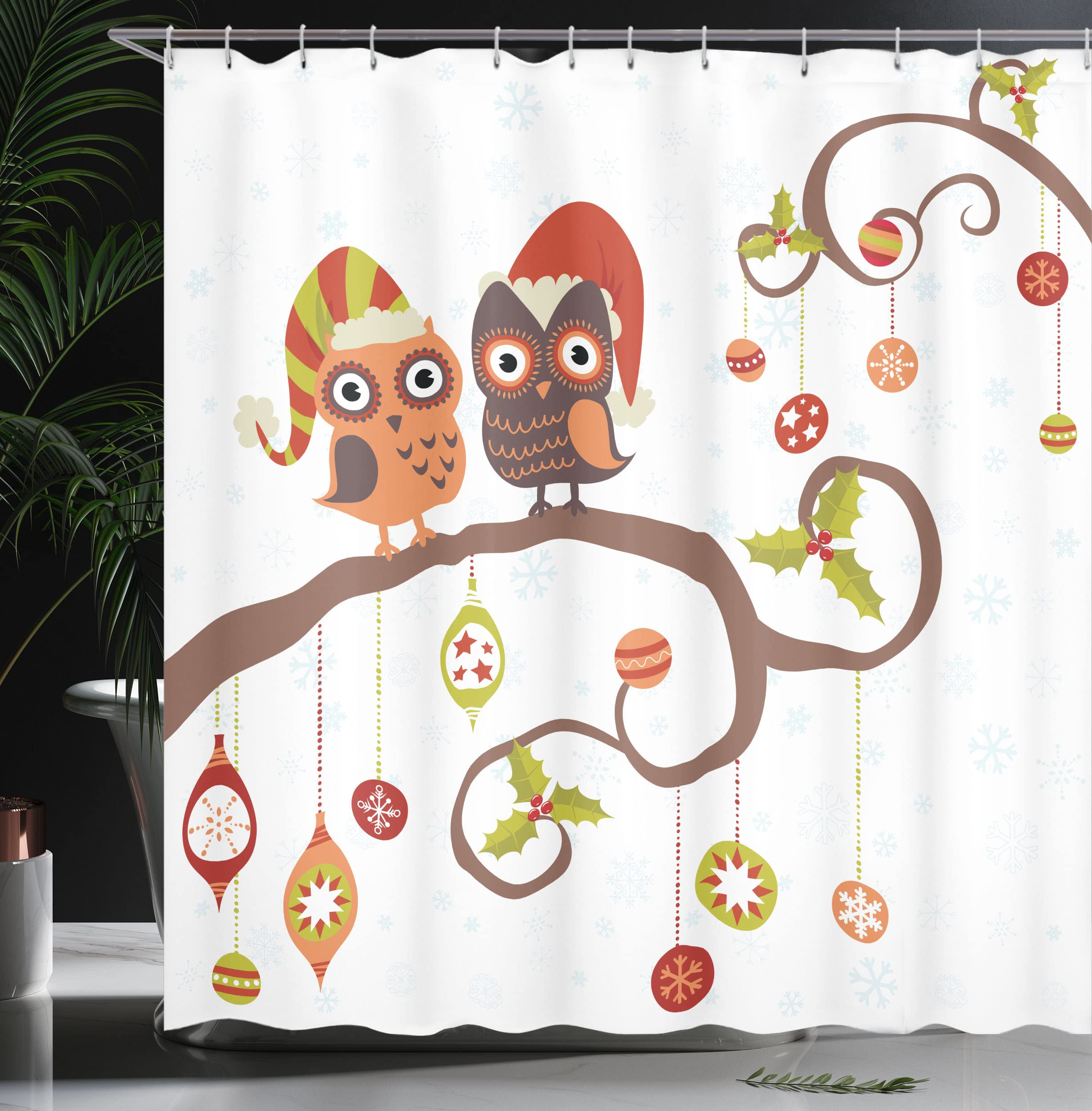 Ambesonne Christmas Shower Curtain, Owls On Celebrating Twiggy Tree Branches Annual Yule Noel Christmas Themed Print, Cloth Fabr