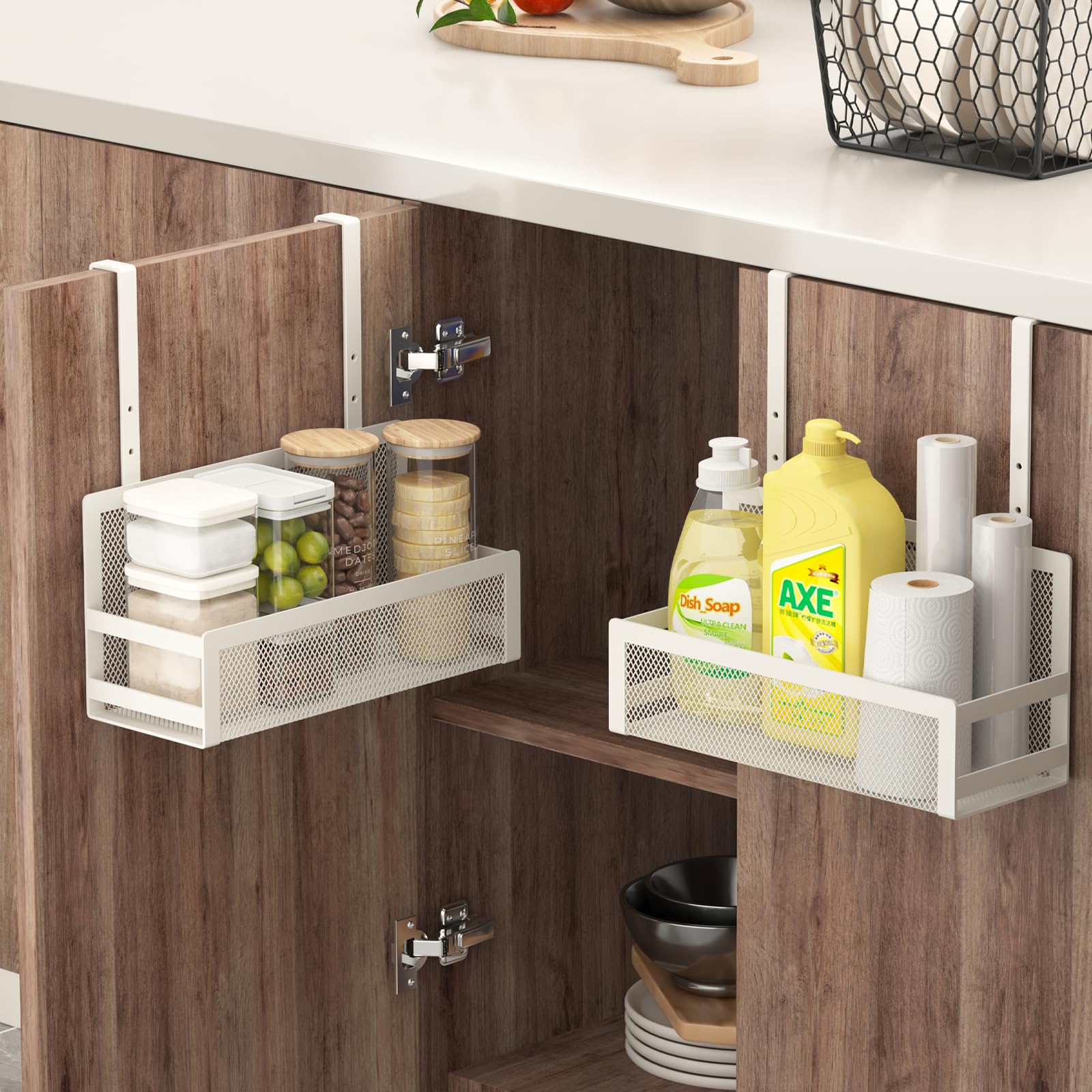 SHINEWON Hanging Kitchen Baskets Adjustable Height Fine Mesh Wire Storage Basket Over Cabinet Door Organizer No Drilling Require