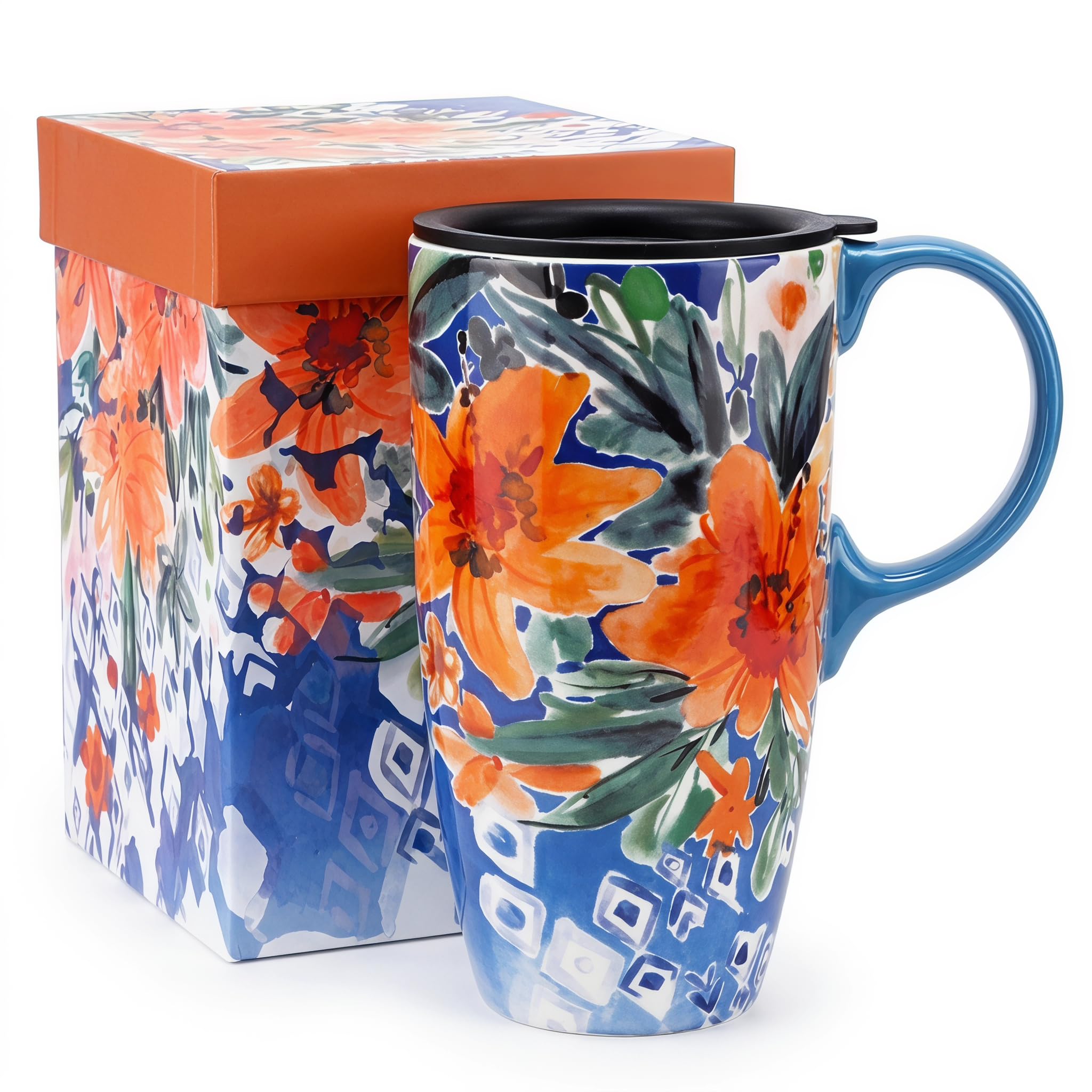 Topadorn 17oz Ceramic Travel Mug with Lid, Boho Floral Coffee Mug