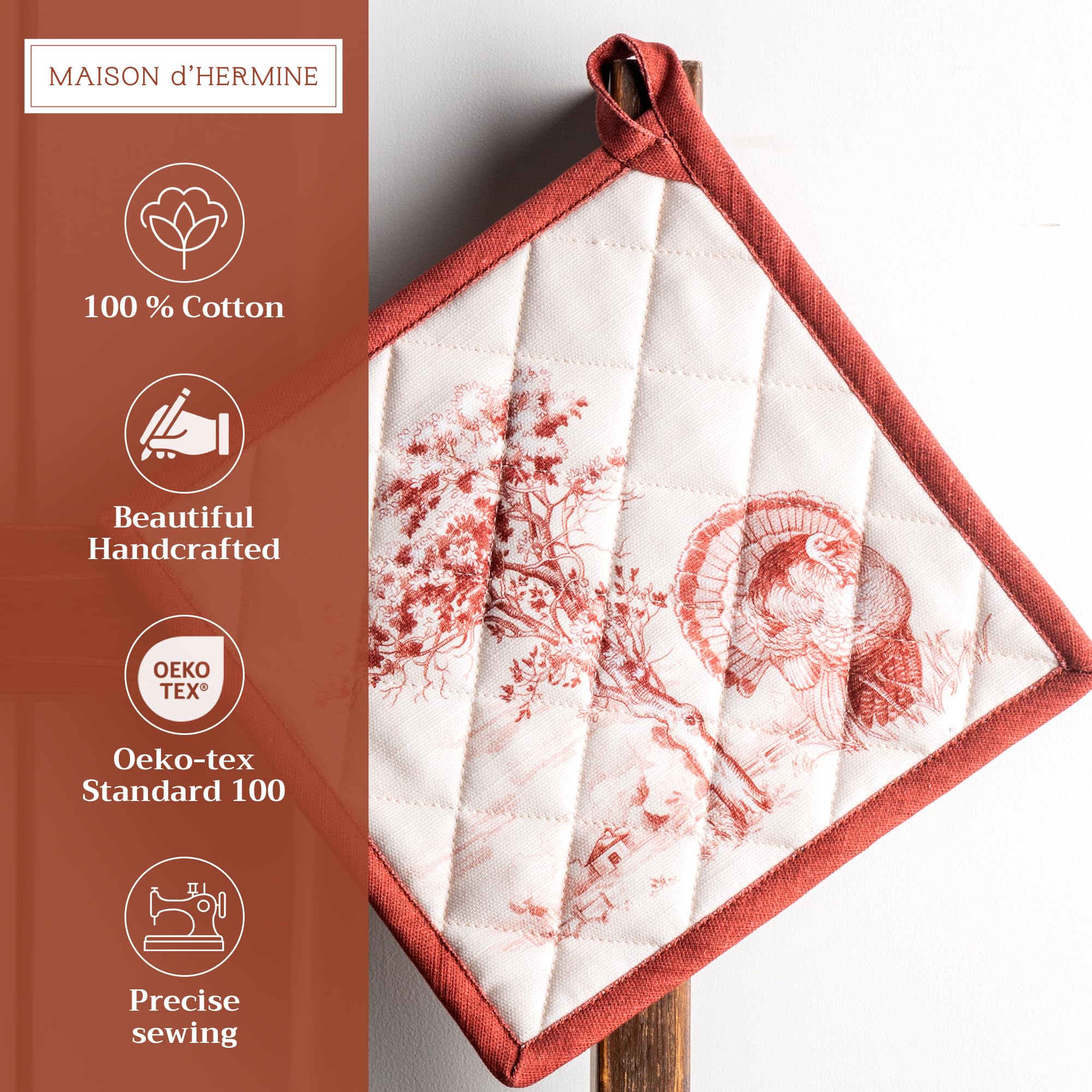 Maison d' Hermine Hot Pads 100% Cotton Pot Holders with Loop Heat Resistant Potholders for Gifts  Grilling  Barbeque  Handling Hot Pans  Holy Jouy - Red - Thanksgiving/Christmas (8''x8'')