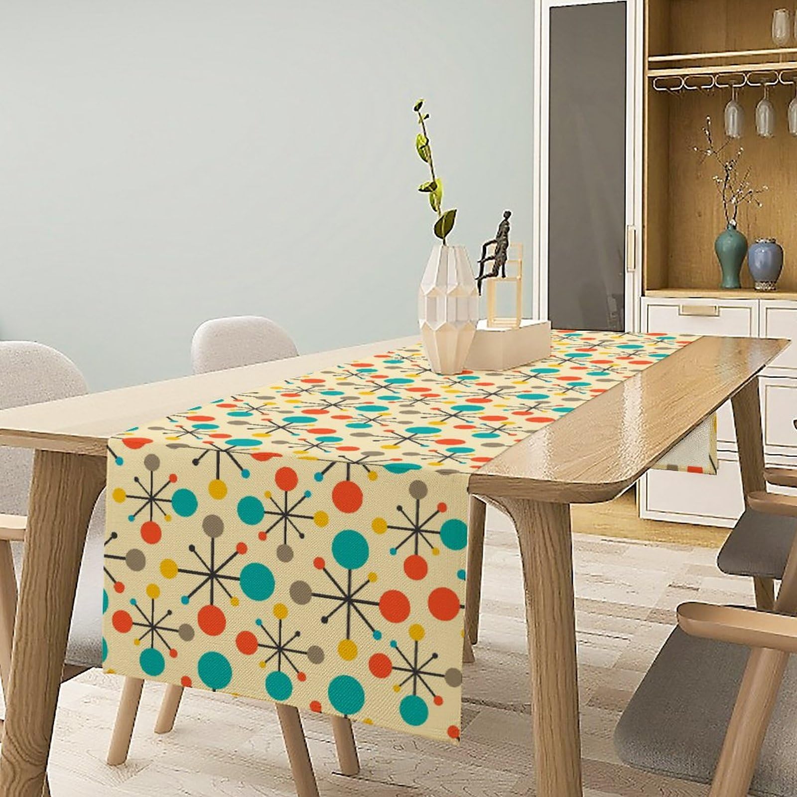Mid Century Table Runner, Fifties Modern Retro Colors Pattern,Modern Style Tabletop Collection Table Runner For Living Room Kitc