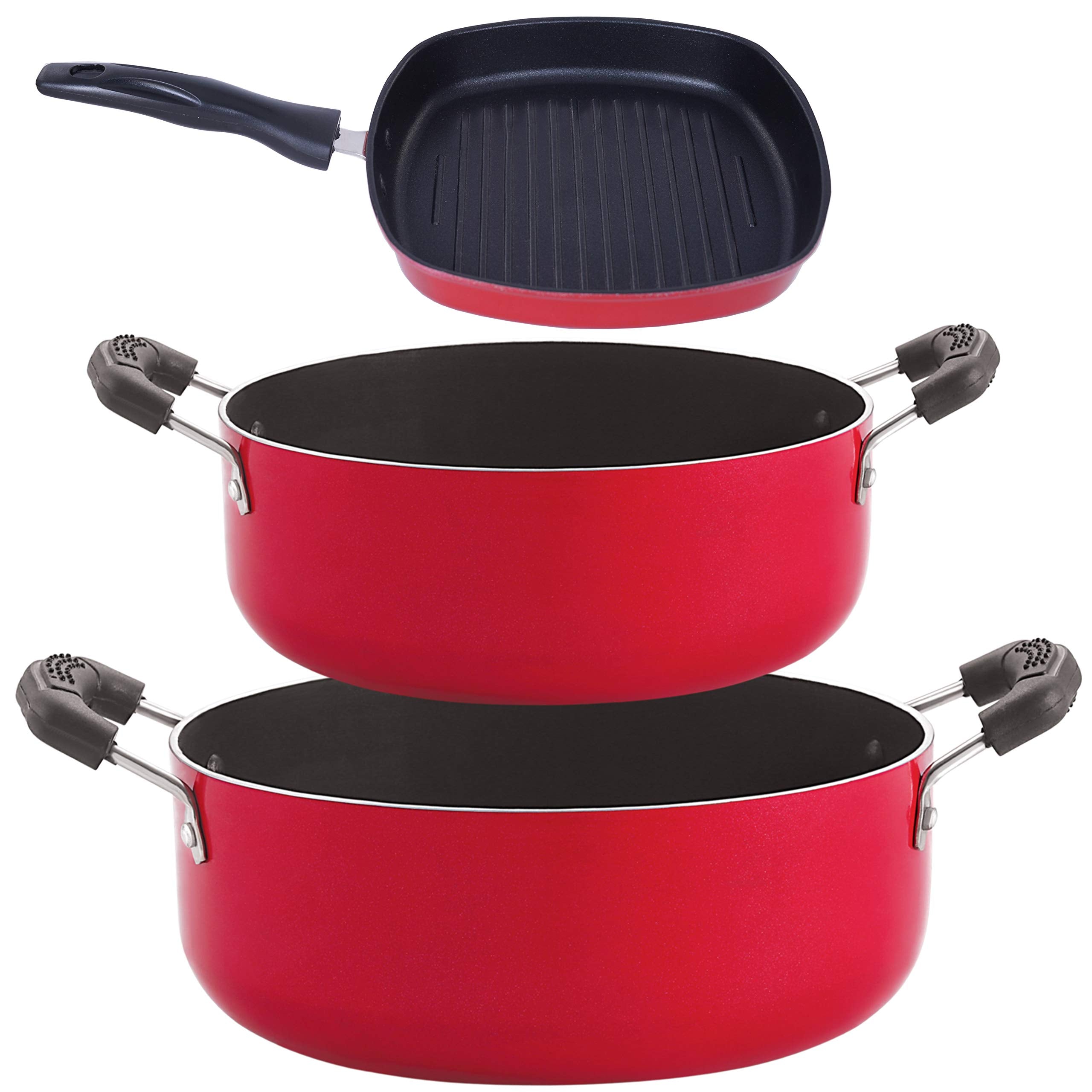 Nirlon Gas Compatible NonStick Aluminium Cookware Set, 3Pieces, Red/Black (Cs22_Gp22.5_Cs24)