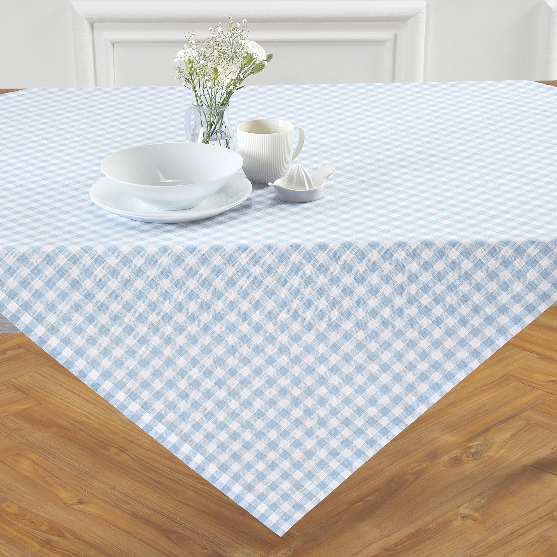 Solino Home Check Linen Square Tablecloth 52 X 52 Inch - 100% Pure Linen Blue Bell Plaid Table Throw - Gingham Check, Machine Wa