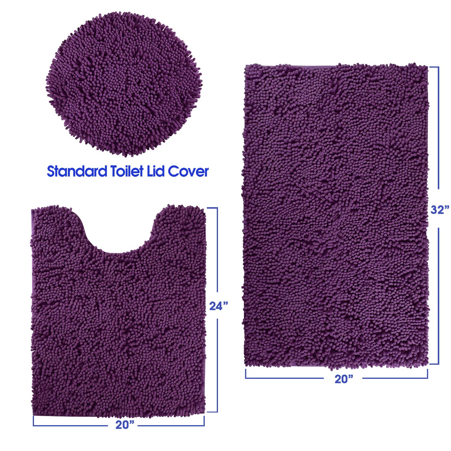 Homeideas 3 Pieces Dark Purple Bathroom Rugs Set, Ultra Soft Non Slip Bath Rug And Absorbent Chenille Bath Mat, Includes U-Shape