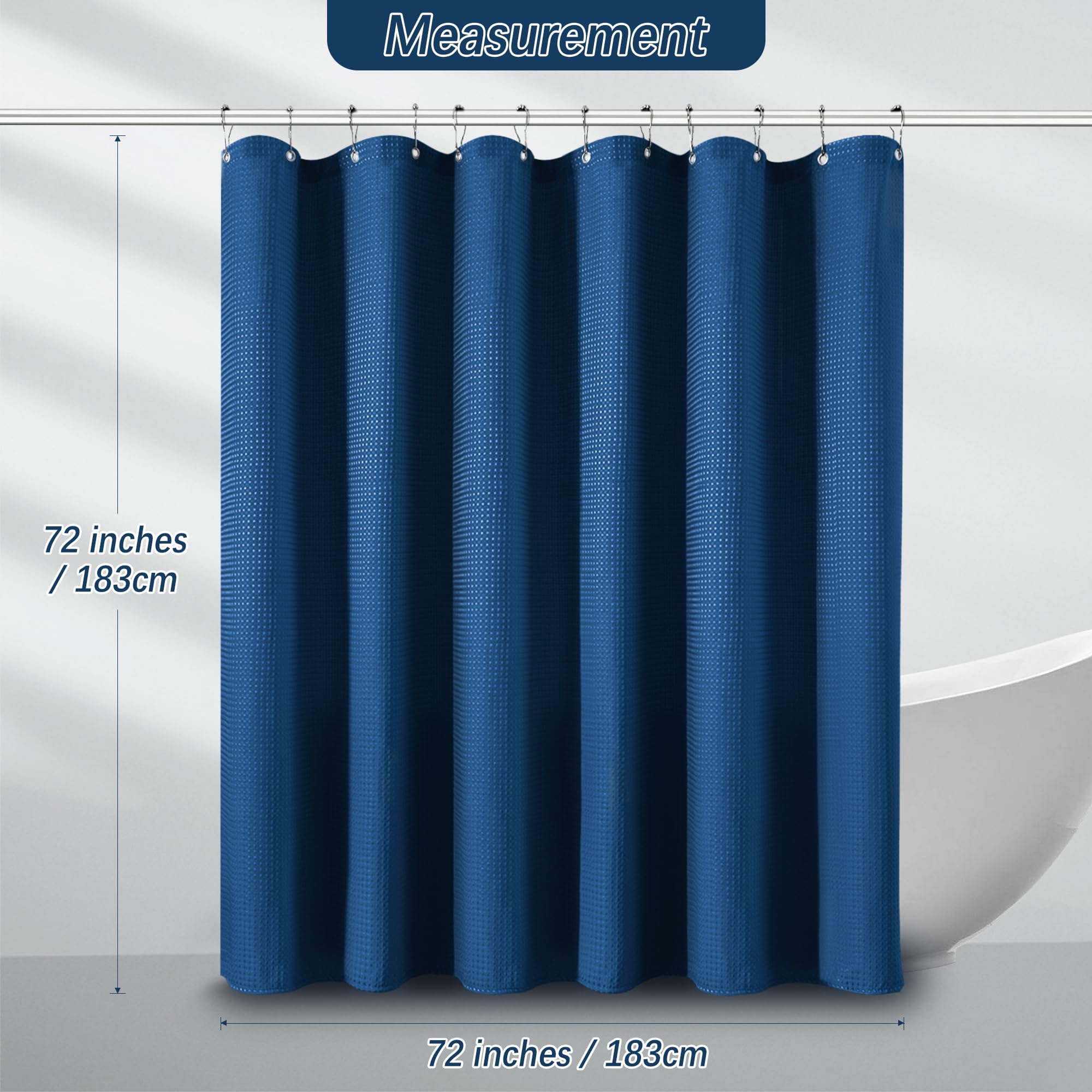 Pangsinne Classic Blue Shower Curtain 256Gsm Heavy Duty Waffle Woven Bathroom Shower Curtains, Weighted Fabric Shower Curtains F