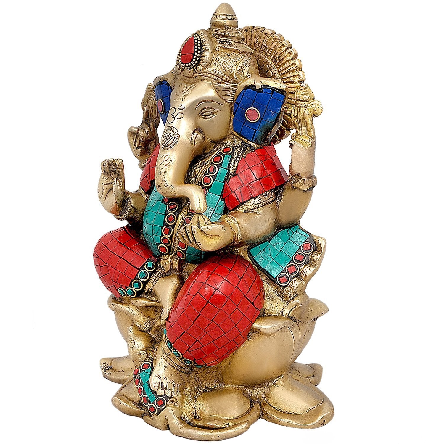 Idol Collections Graceful Ganesha Ganesh Murti Idol Statue Sitting On Lotus Statue In Brass Height 9.5 Inches