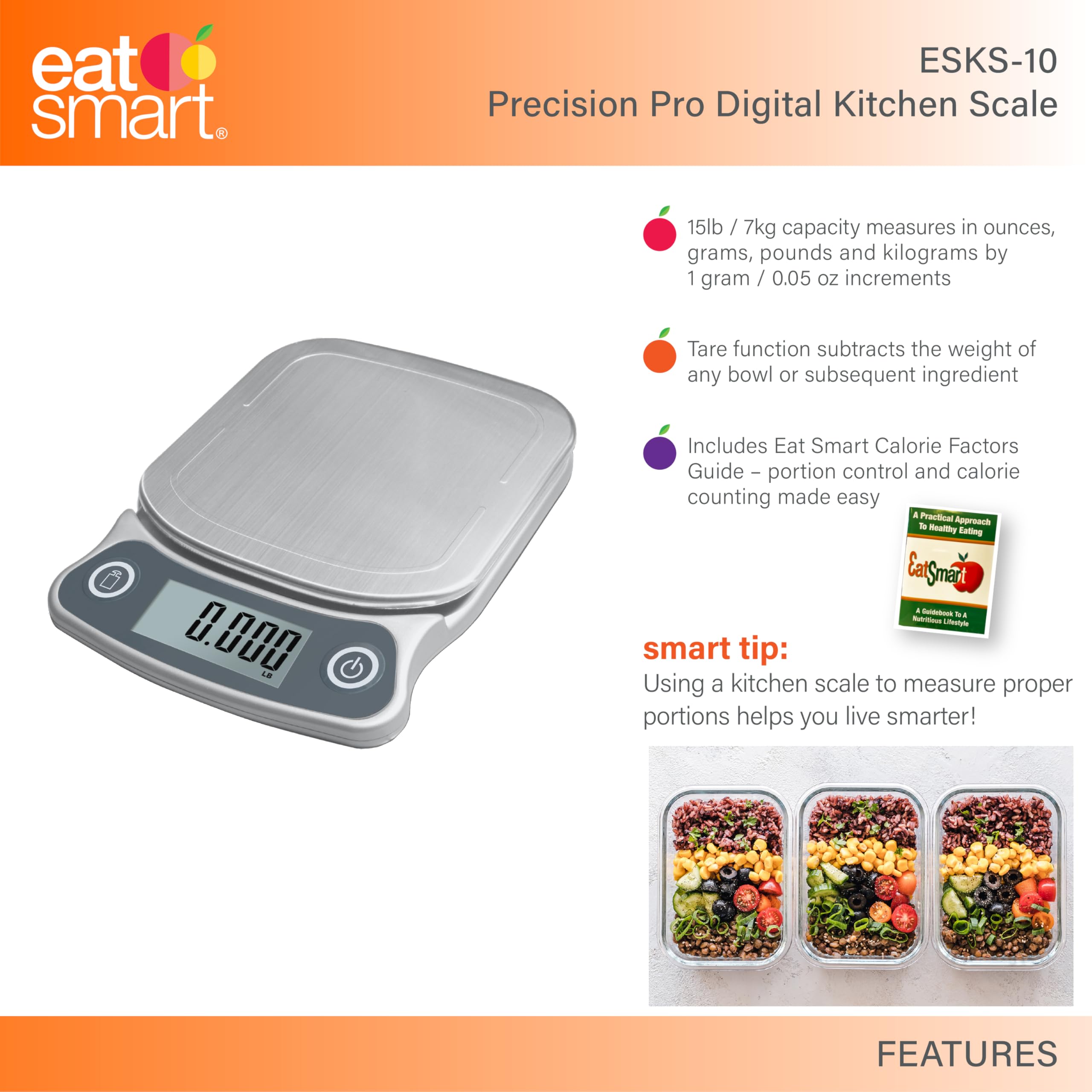 Eat Smart Esks-10 Precision Elite Digital Kitchen Scale - 15 Lb. Capacity, Ultrabright Display And Stainless Steel Platform