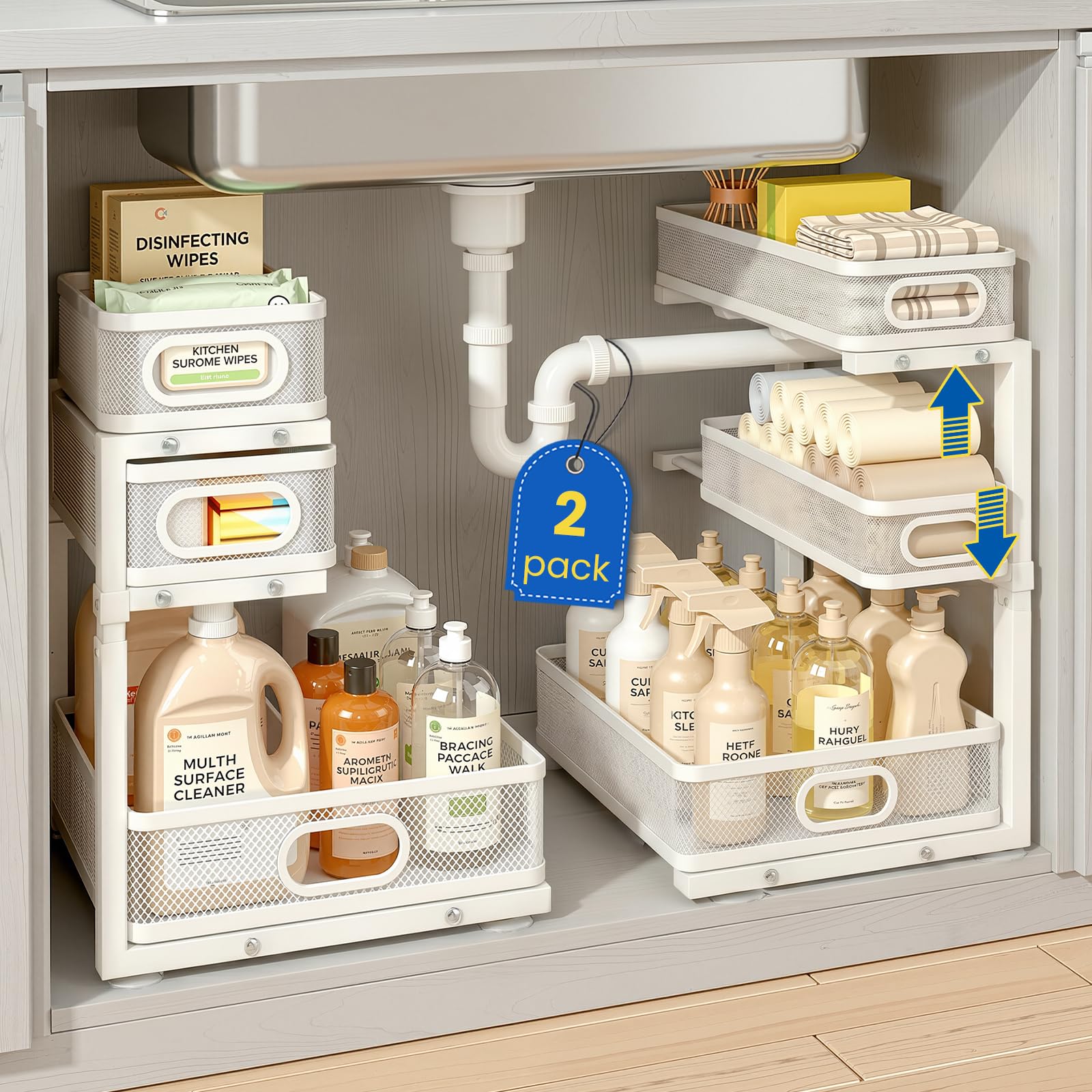 Leafory Under Sink Organizer, 3Tier Pull Out Cabinet Organizer with Drawer Stops, Height Adjustable Slide Out Storage Rack for 