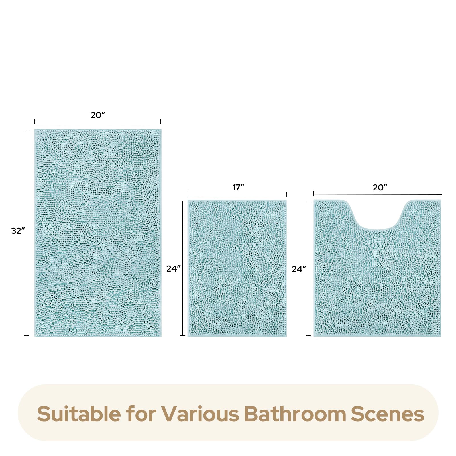 HOMEIDEAS 3 Pieces Bathroom Rugs  Ultra Soft Non Slip Absorbent Chenille Toilet Bath Mat Set (Light Blue)