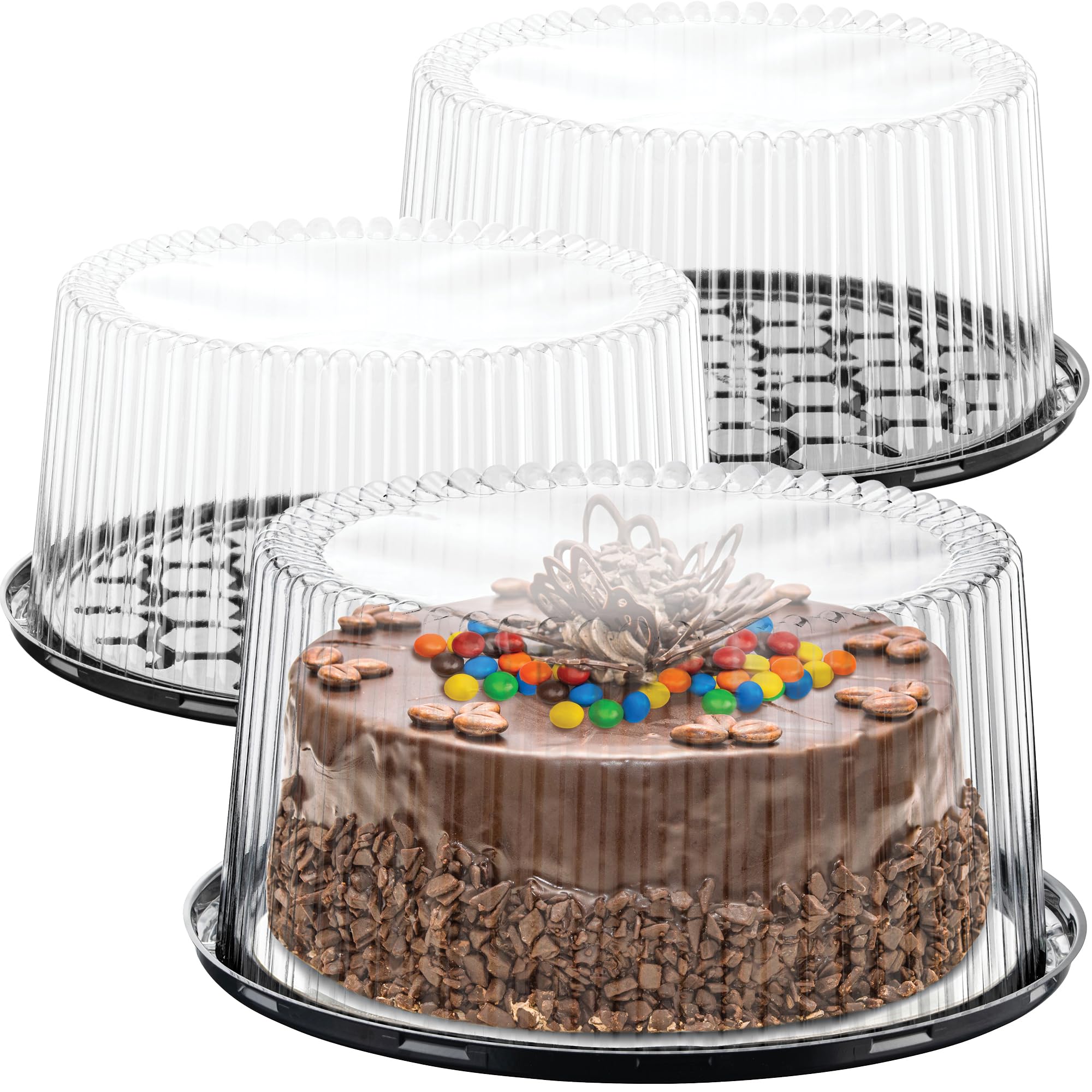 1011 Plastic Disposable Cake Containers Carriers with Dome Lids and Cake Boards | 3 Round Cake Carriers for Transport | Clear 